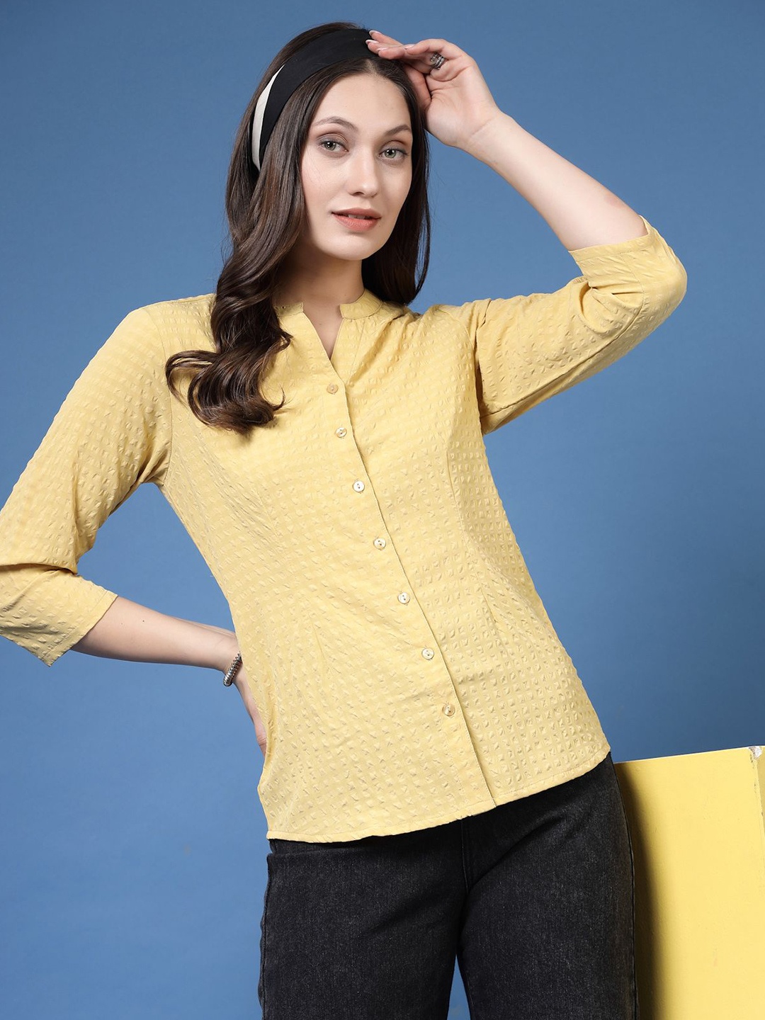 

BEING NAUGHTY Women Comfort Mandarin Collar Textured Casual Shirt, Yellow