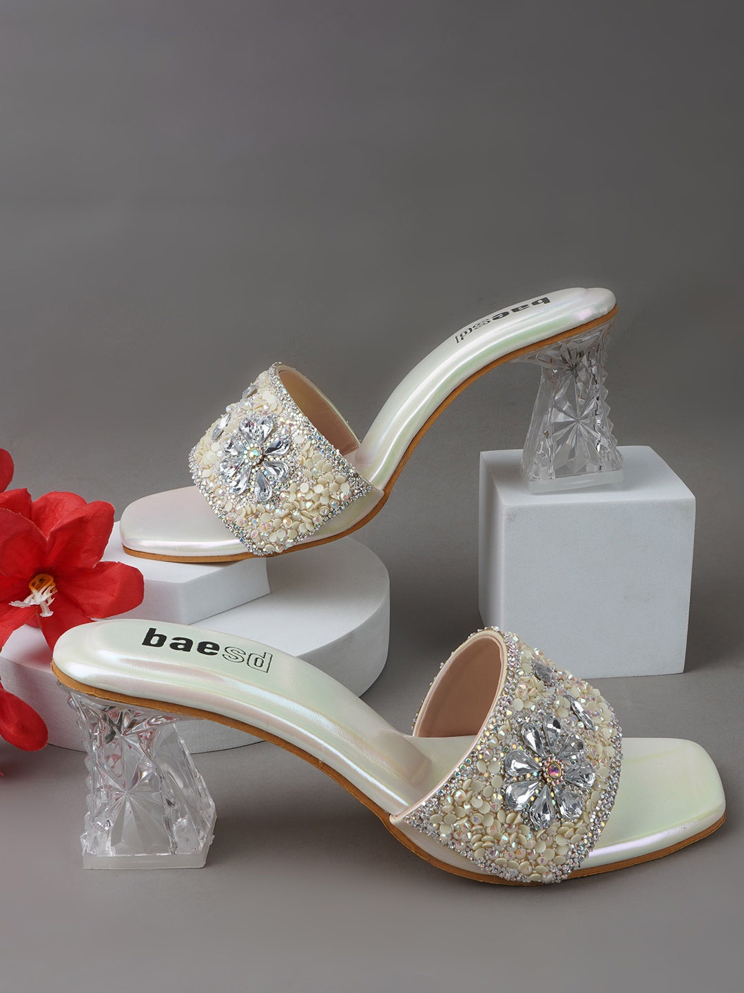 

BAESD Women Embellished Party Block Heel Sandals, Cream