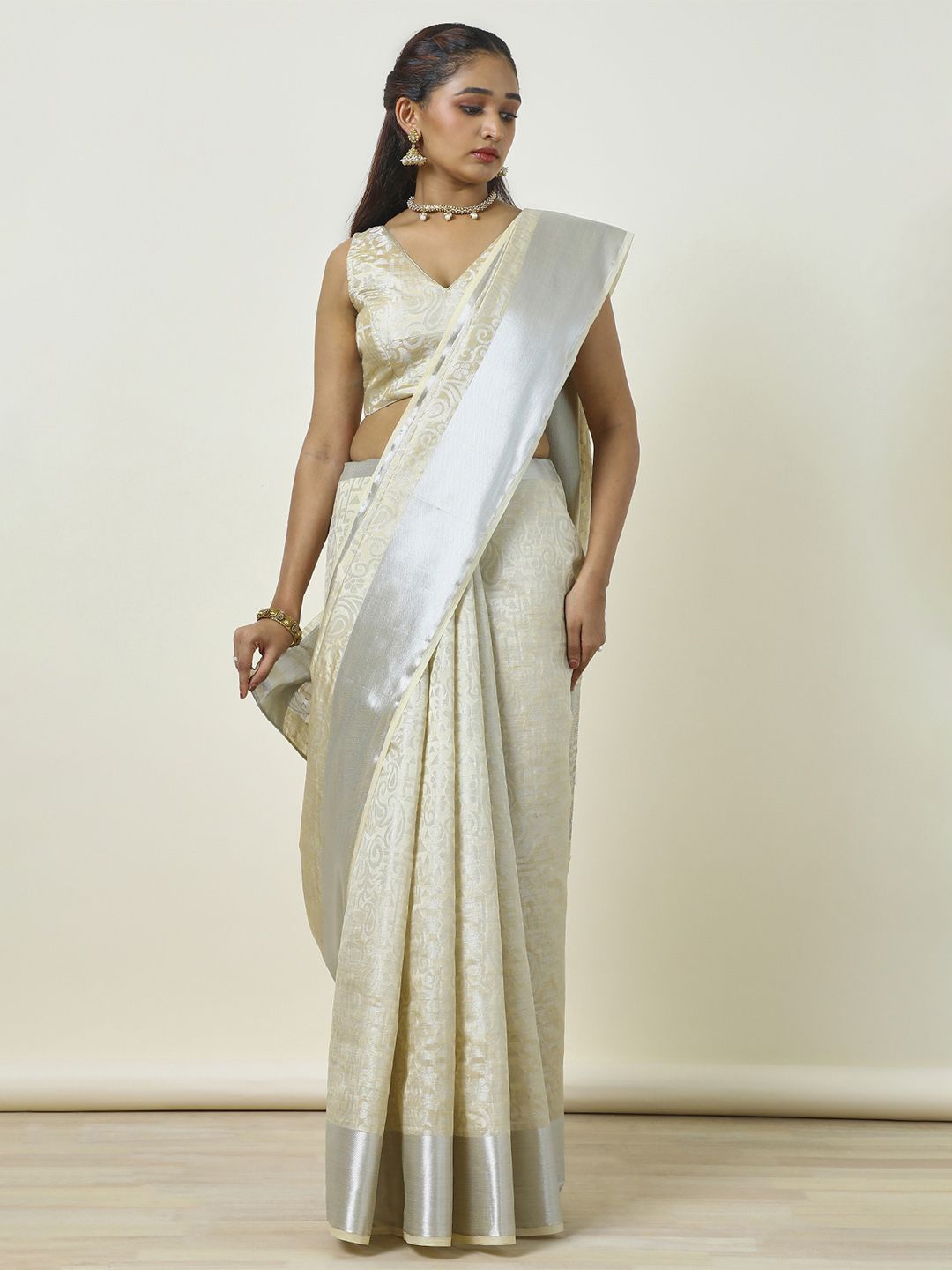 

Soch Woven Design Zari Tussar Saree, Cream