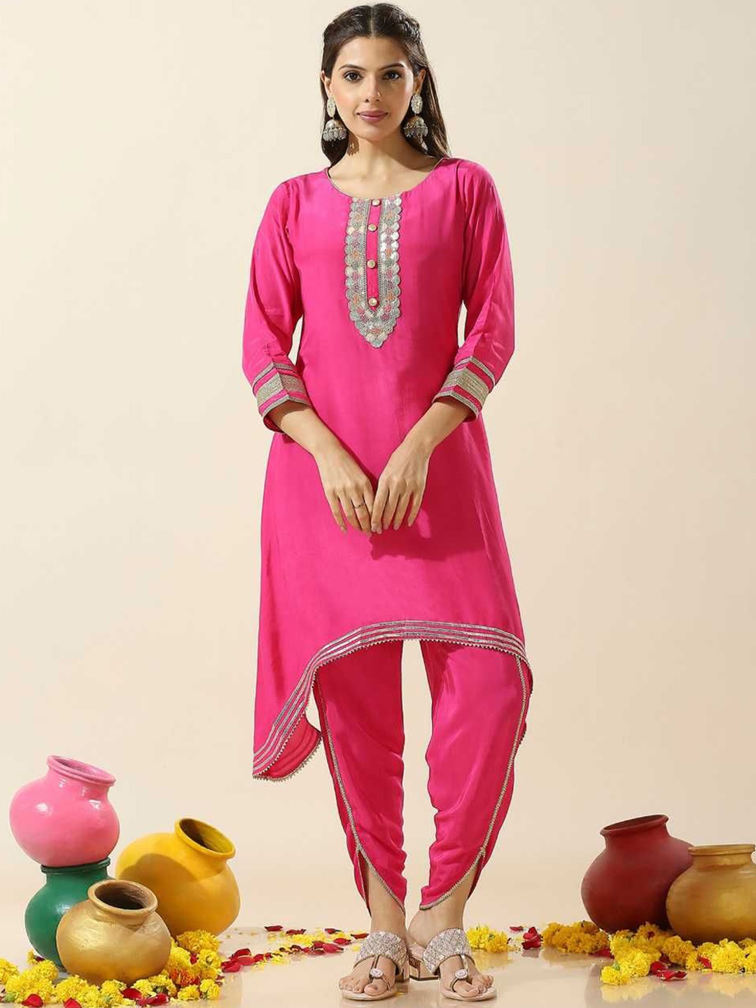 

Label Ishnya Women Ethnic Motifs Yoke Design Regular Beads and Stones Kurti with Dhoti Pants, Pink