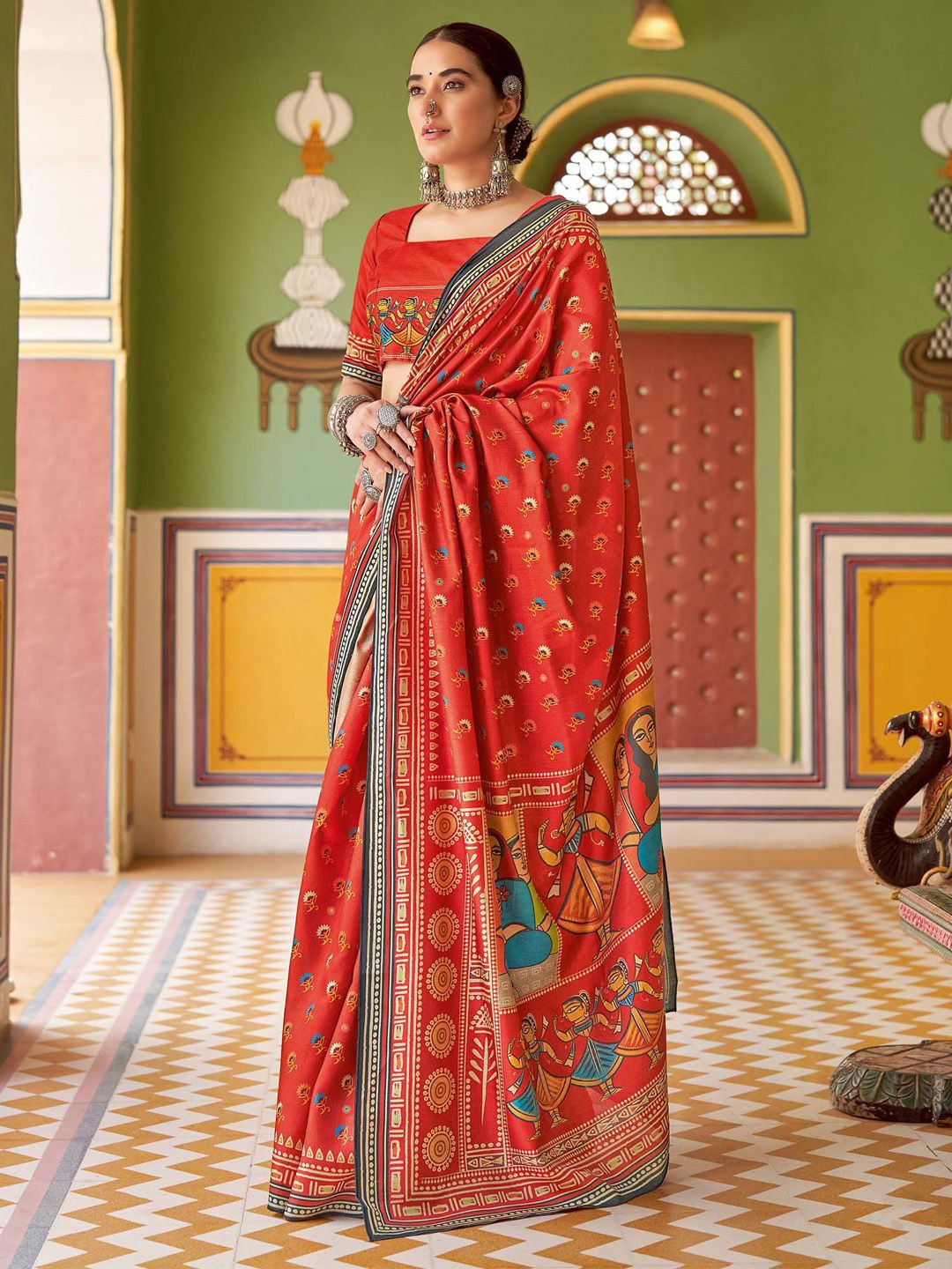 

Saree mall Kalamkari Silk Blend Designer Tussar Sarees, Red