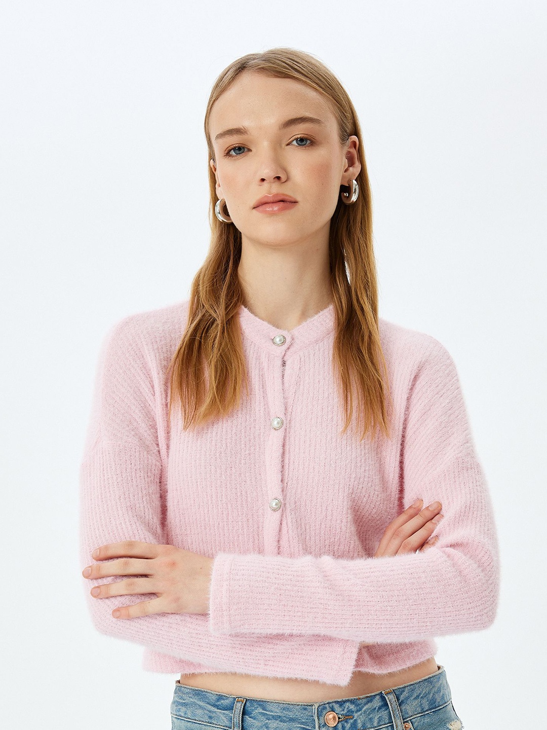

Koton Women Striped Round Neck Crop Sweater, Pink