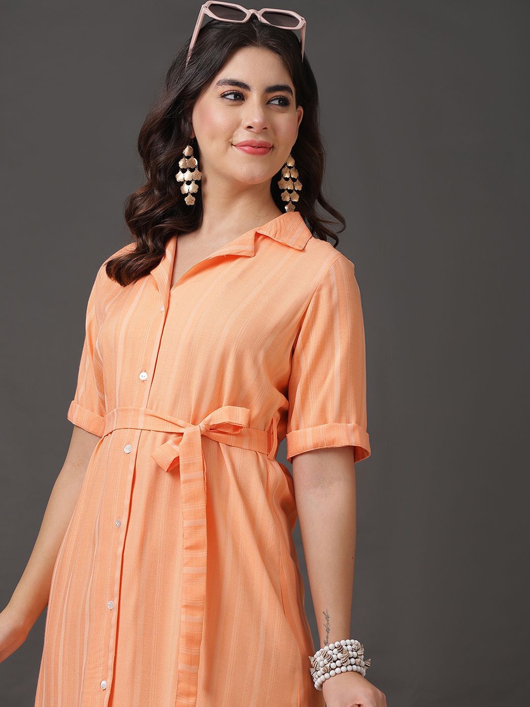 

Anouk Striped Shirt Collar Tie-Ups Shirt Dress Comes with a belt, Coral