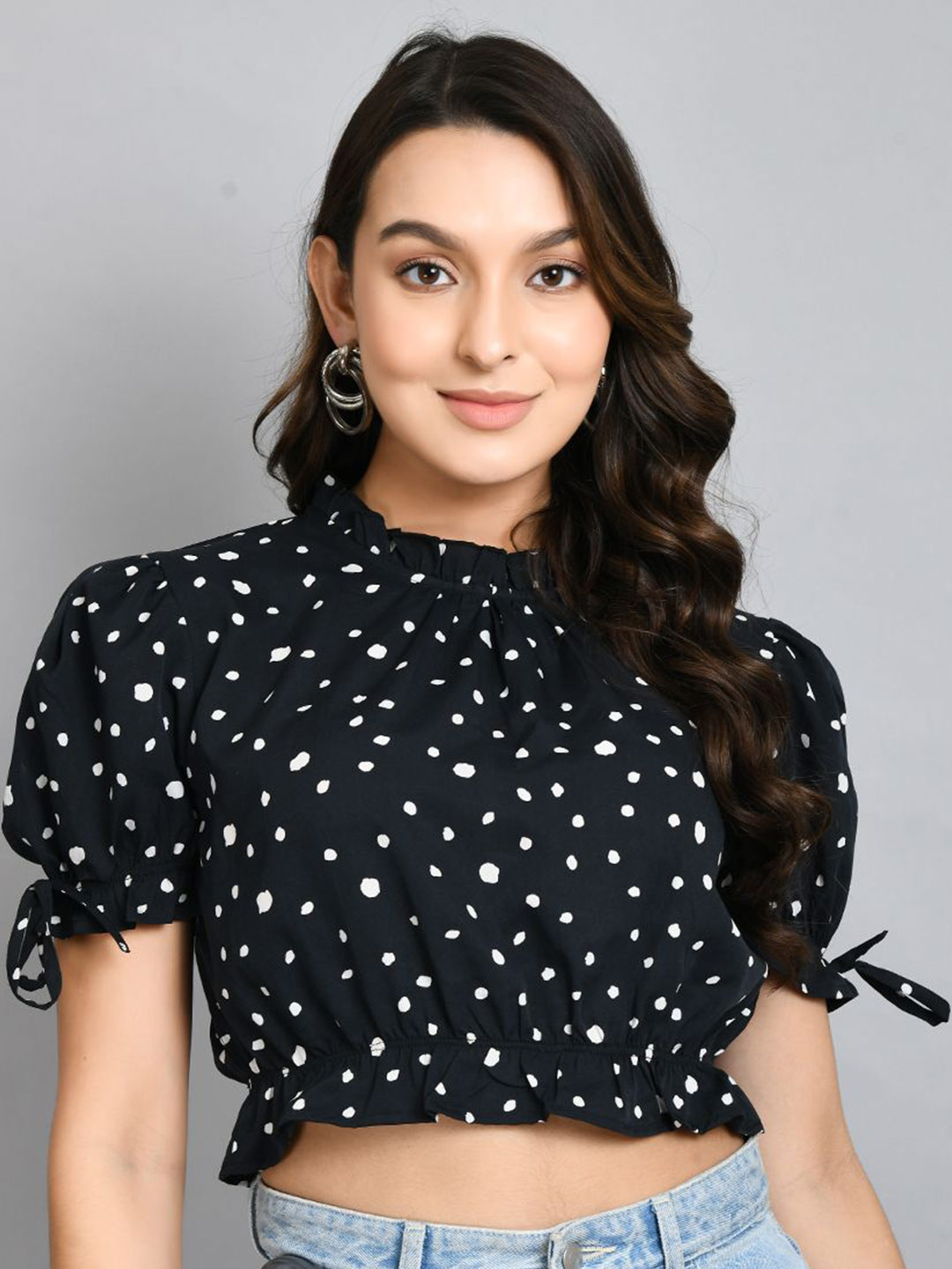 

all about you Women Printed Puff Sleeve Crop Top, Black
