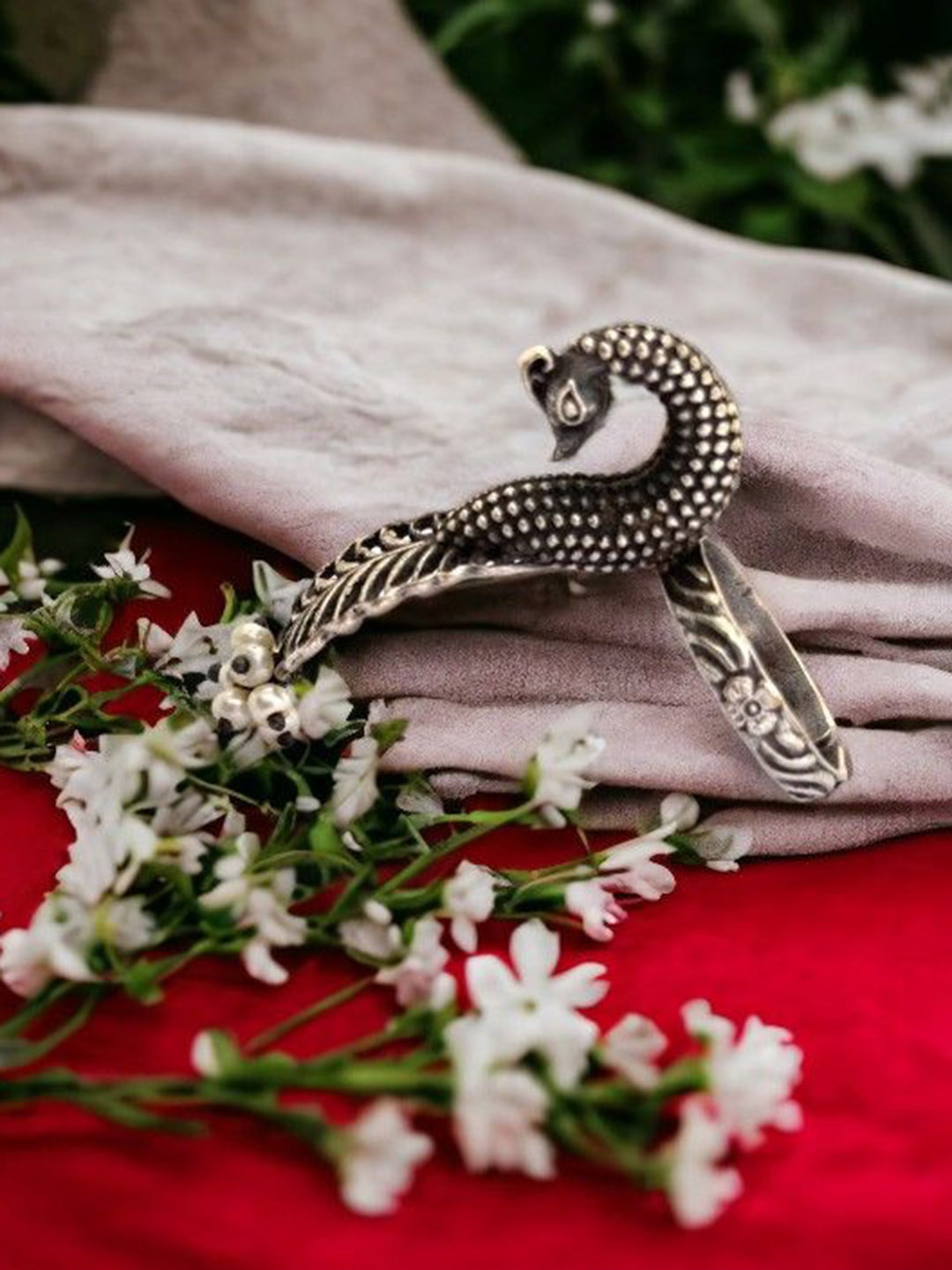 

VIVAZS Silver-Plated Beaded Oxidised Adjustable Finger Ring