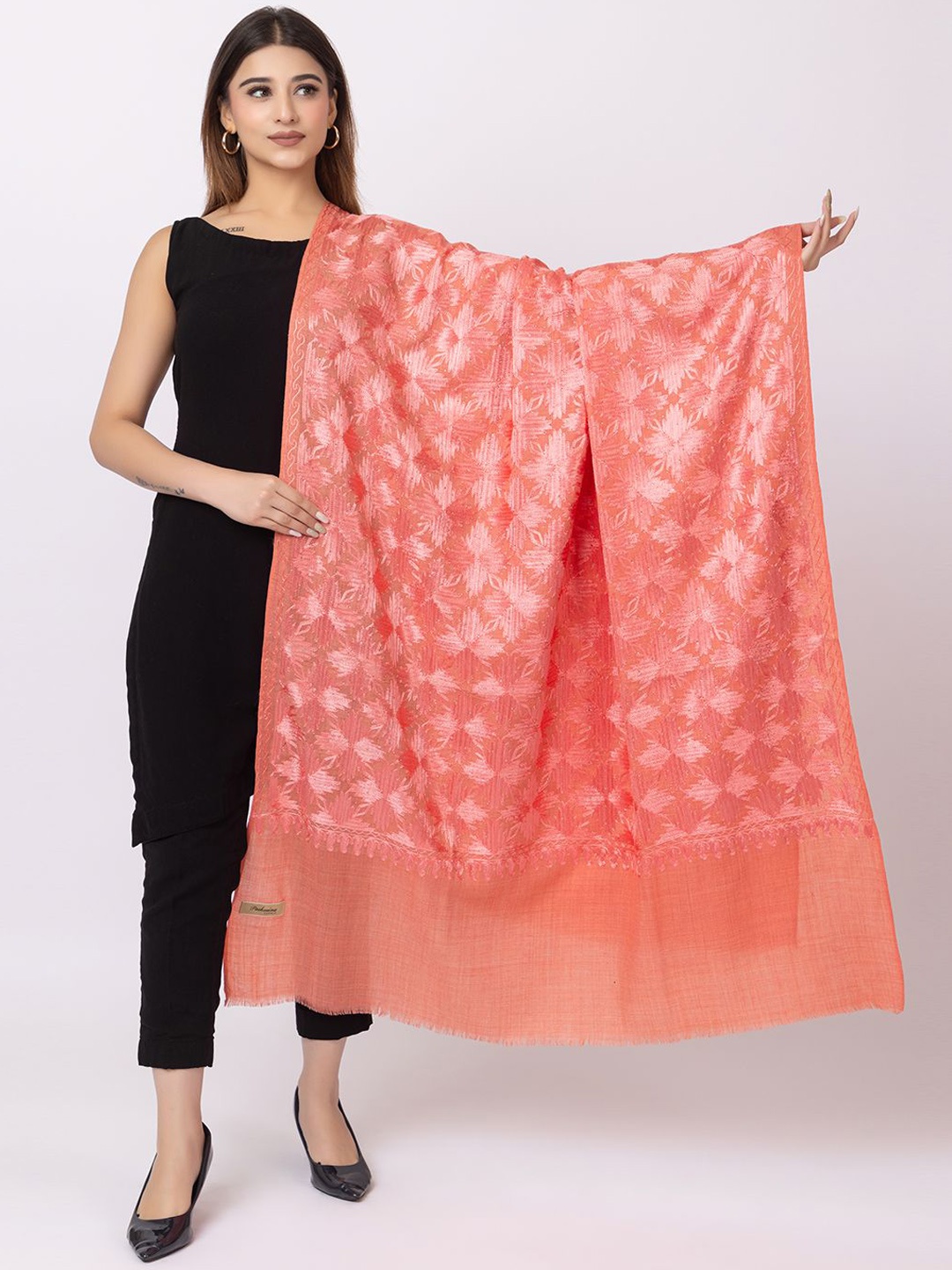 

Pashgiri Womens Printed Kashmiri Embroidered Woollen Shawls, Peach
