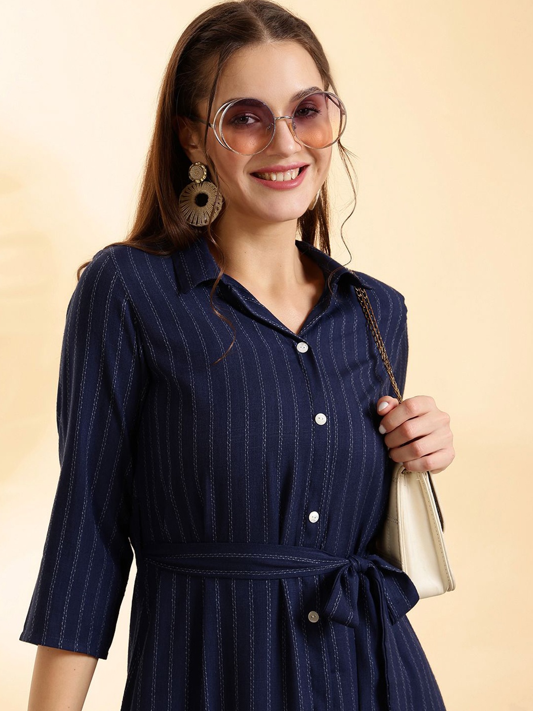 

Anouk Women Striped Fit and Flare Midi Dress, Navy blue