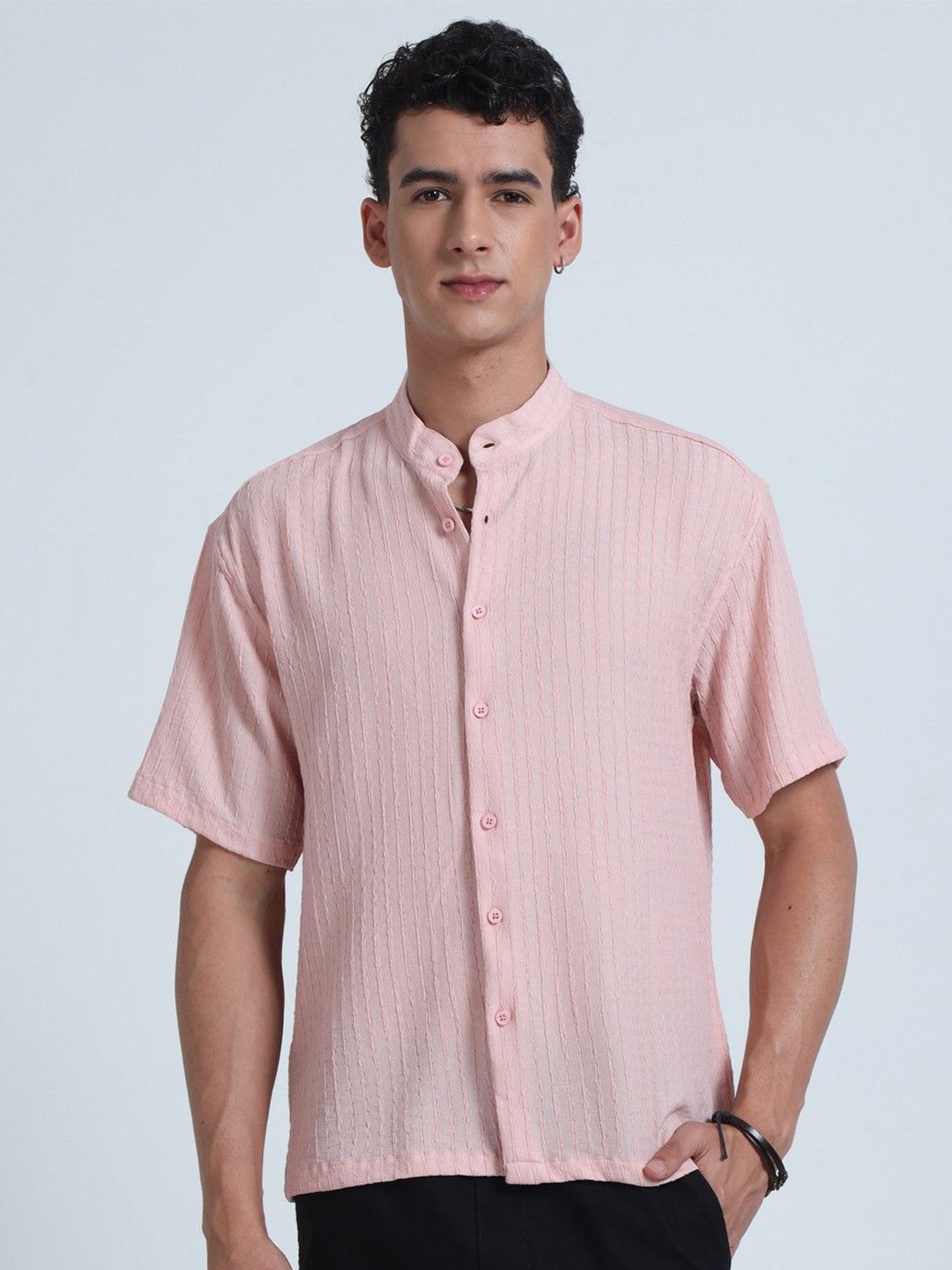 

NEVER NEUD Men Relaxed Floruit Popcorn Texture Casual Shirt, Pink