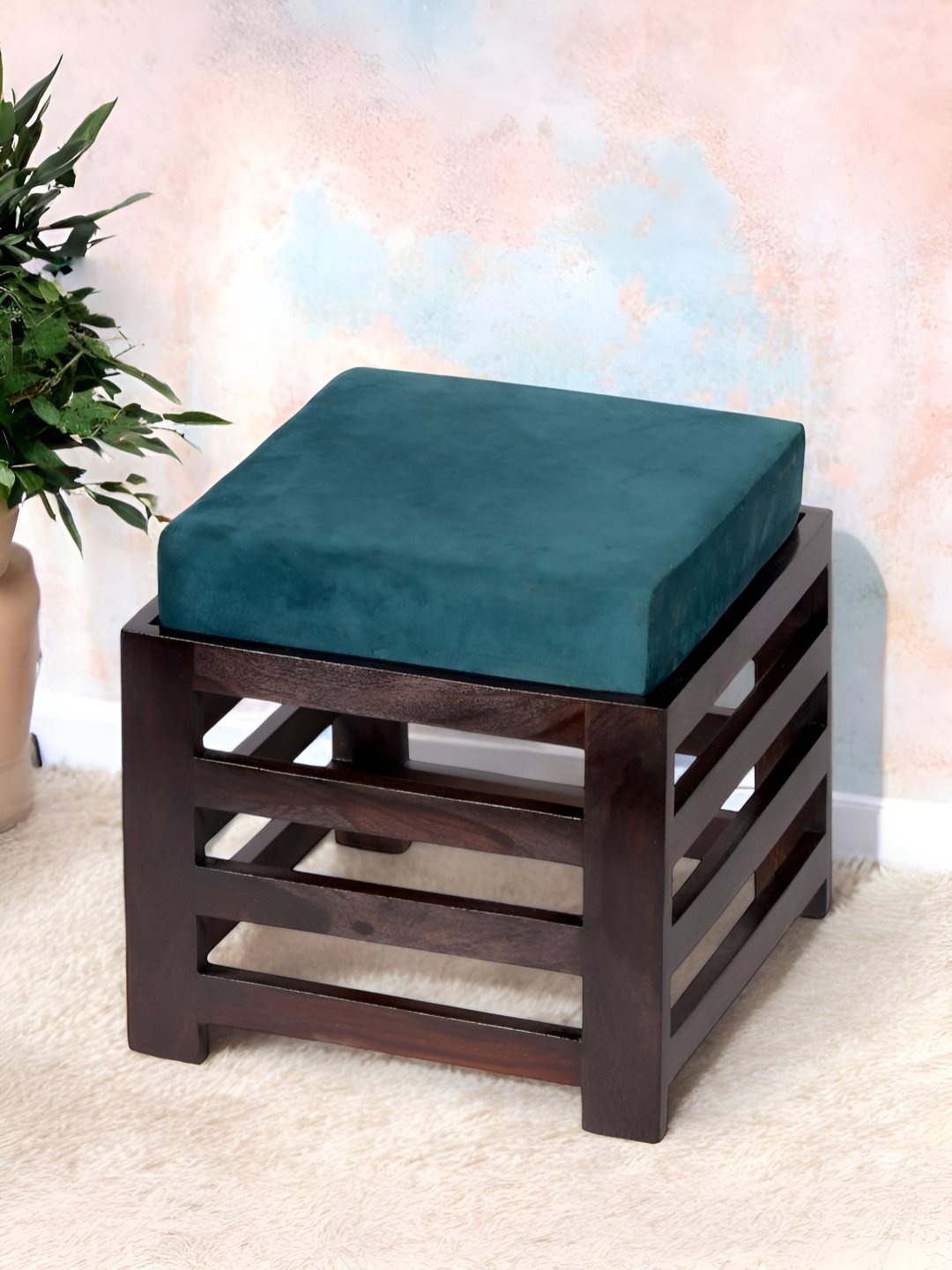 

Ikiriya Sheesham Wood Stool In Dark Mahagony Finish With Turquoise Sea Velvet Cushion, Turquoise blue