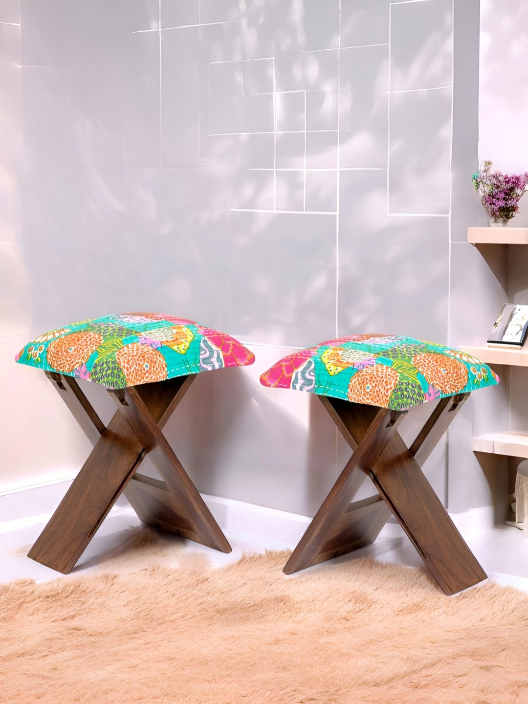 

Ikiriya 2-Pcs Green & Brown Foldable Wooden Stools with Printed Fabric Cushions