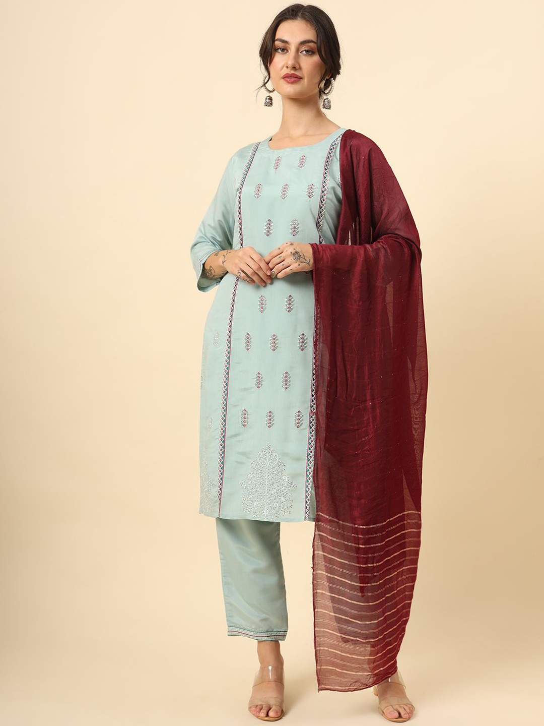 

HERE&NOW Women Embroidered Regular Sequinned Kurta with Trousers & With Dupatta, Turquoise blue