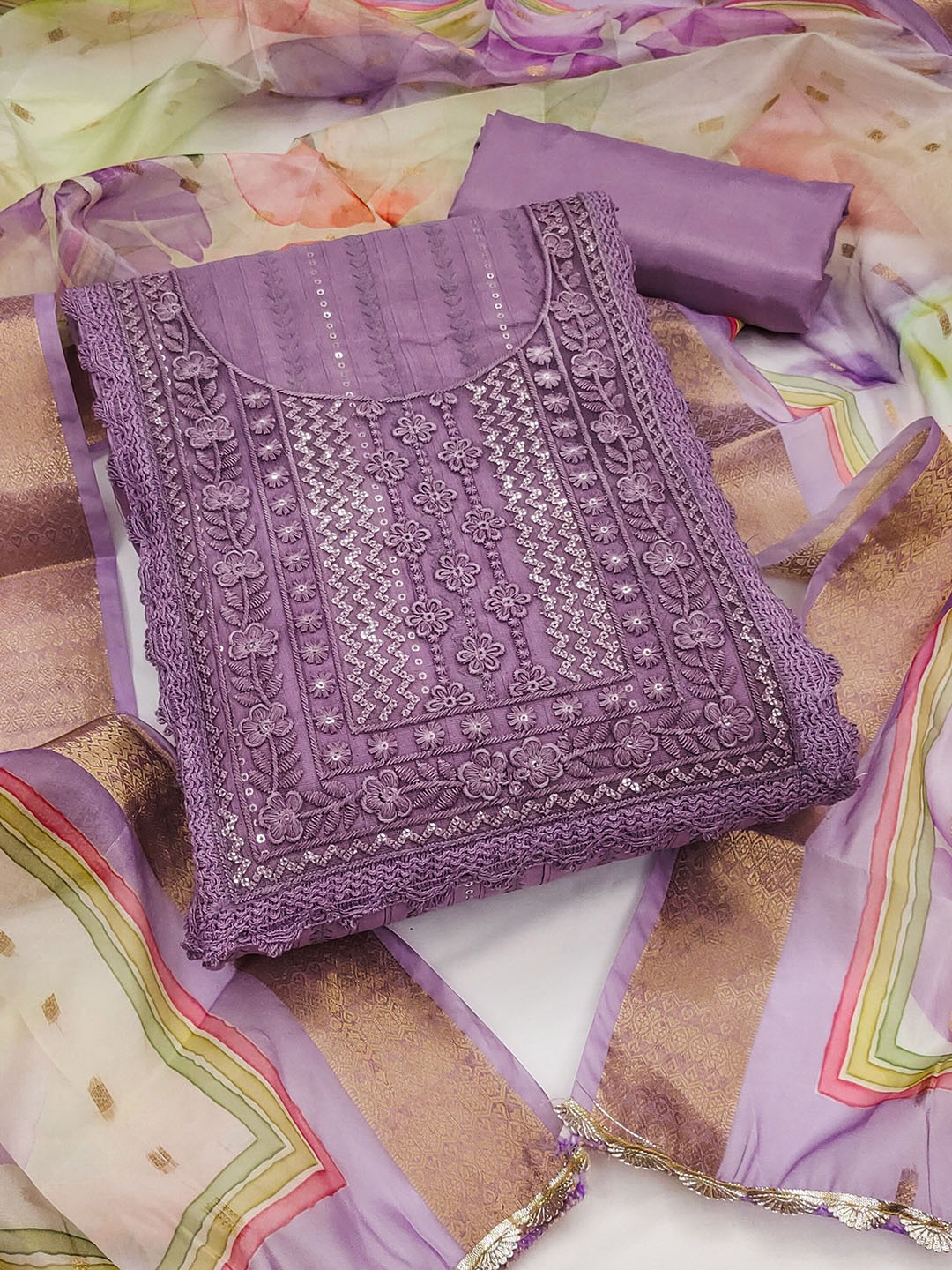 

KALINI Embroidered Pure Silk Unstitched Dress Material, Lavender