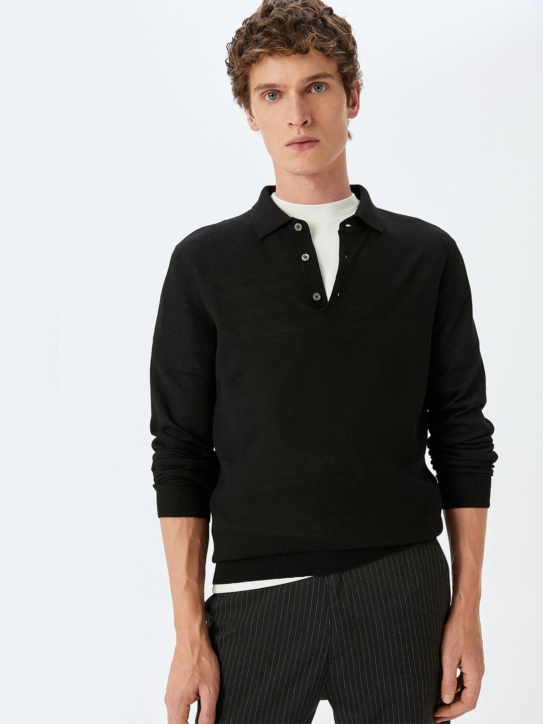 

Koton Men Lapel Collar Long Sleeves Pullover, Black