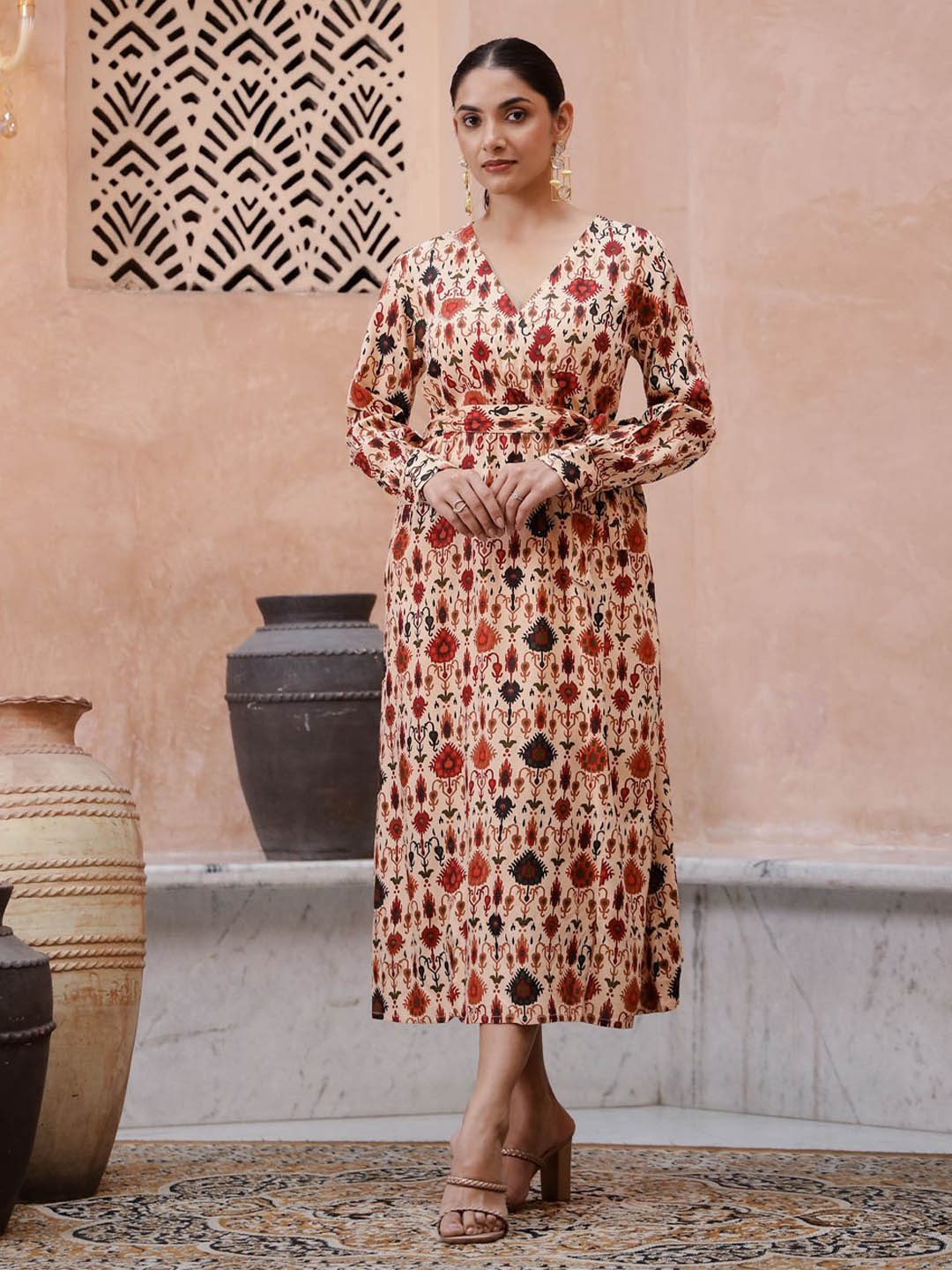 

RangDeep Women Ethnic Motifs Fit & Flare Midi Dress, Beige