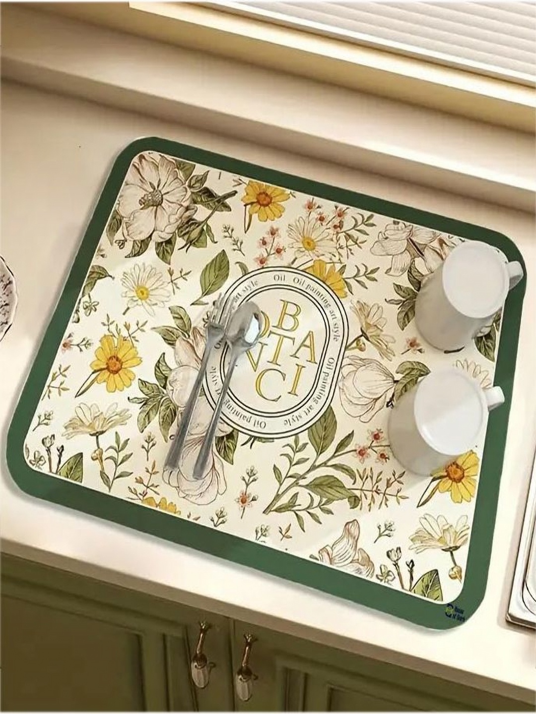 

HOUSE OF QUIRK Beige & Green Printed Rectangular Kitchen Dish Drying Mat