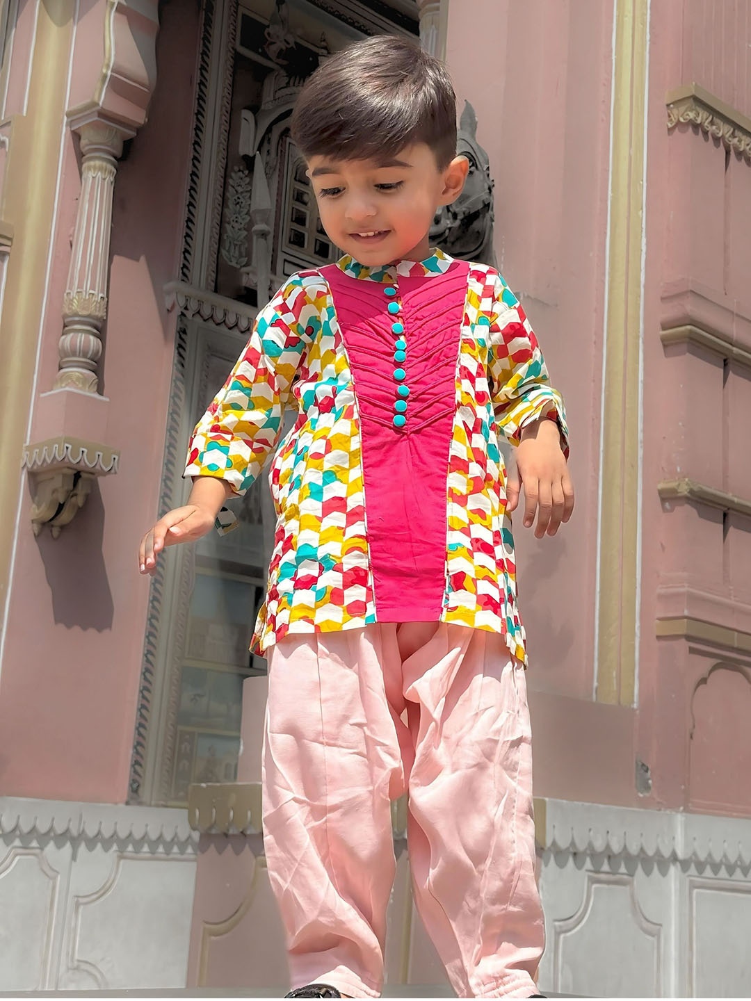 

Peekaaboo Kids Boys Panelled Thread Work Pure Cotton Kurta with Salwar, Pink