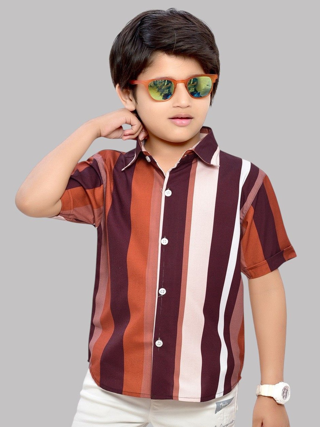 

BAESD Boys Comfort Spread Collar Vertical Striped Cotton Casual Shirt, Maroon