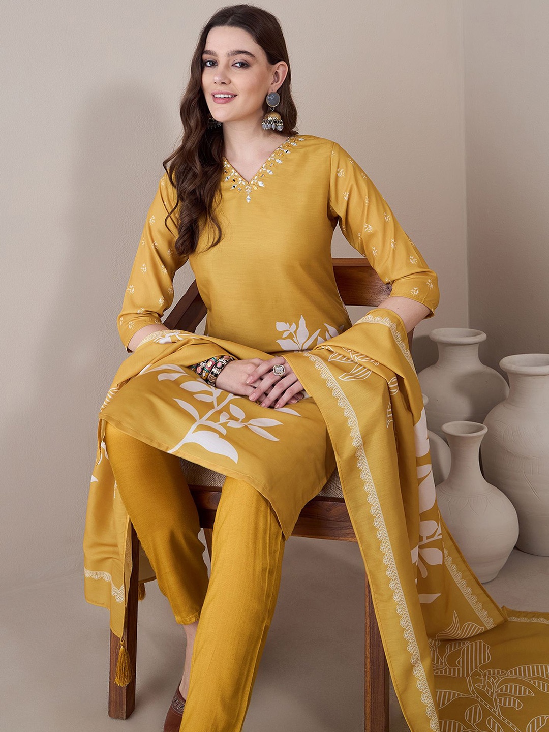 

Anouk Women Floral Printed Regular Thread Work Kurta with Trousers & With Dupatta, Yellow