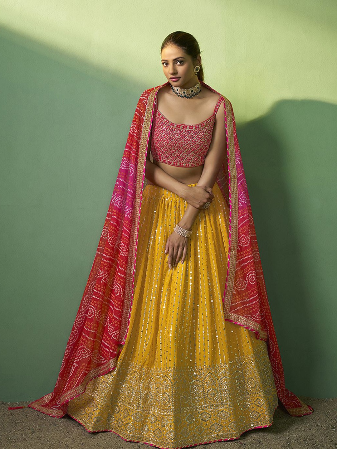 

Fusionic Embroidered Mirror Work Semi-Stitched Lehenga & Unstitched Blouse With Dupatta, Mustard