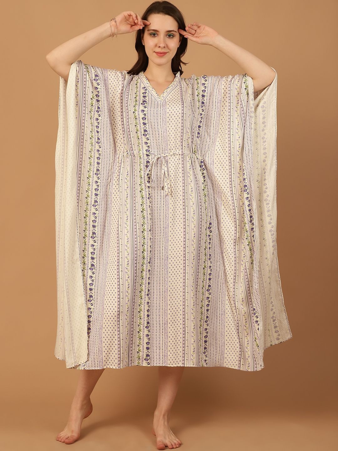 

Blissence Women V-Neck Printed Midi Length Nightdress, Beige