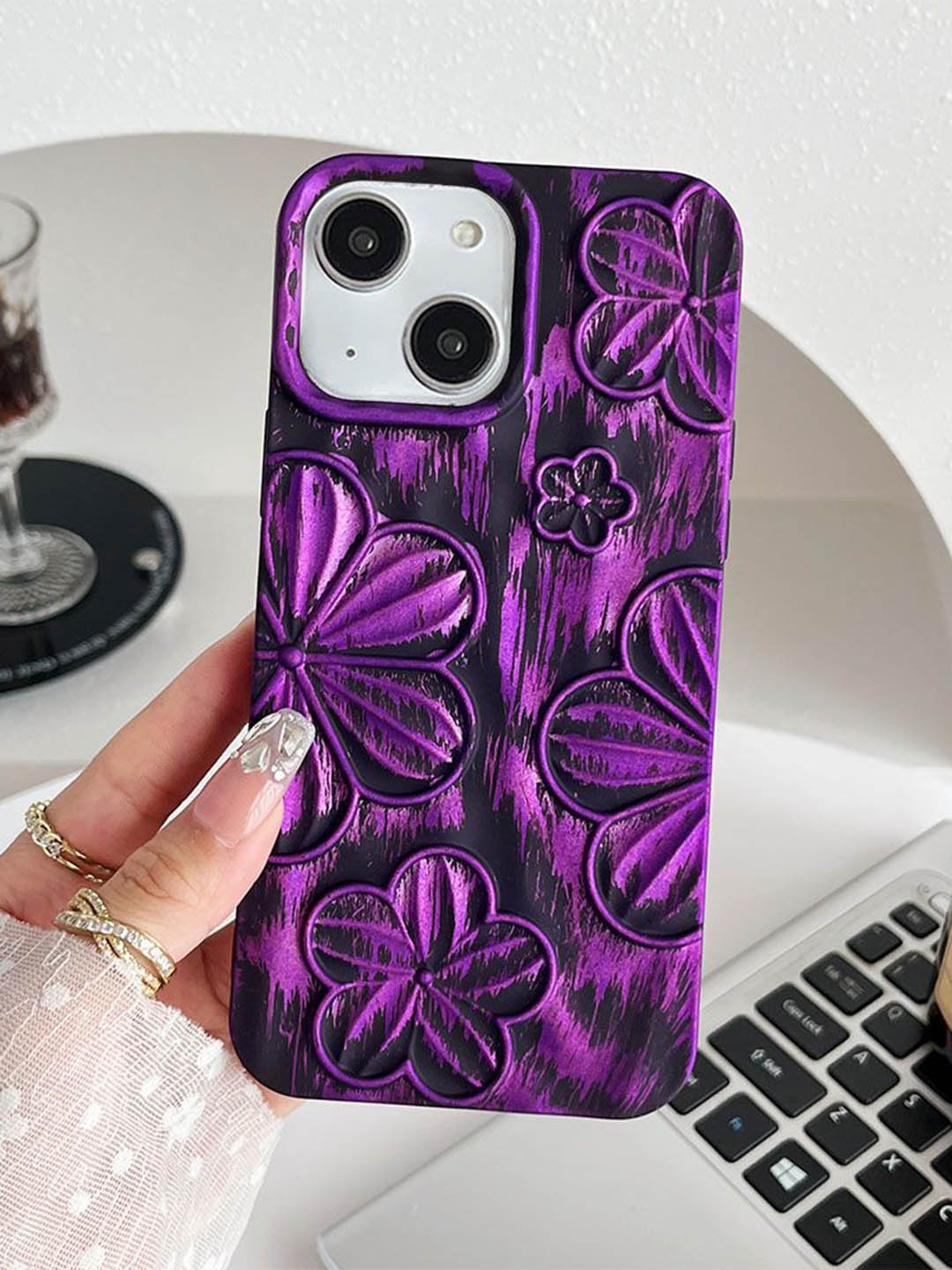 

Luxury Kase Floral Printed iPhone 14 Back Case Mobile Accessories, Purple