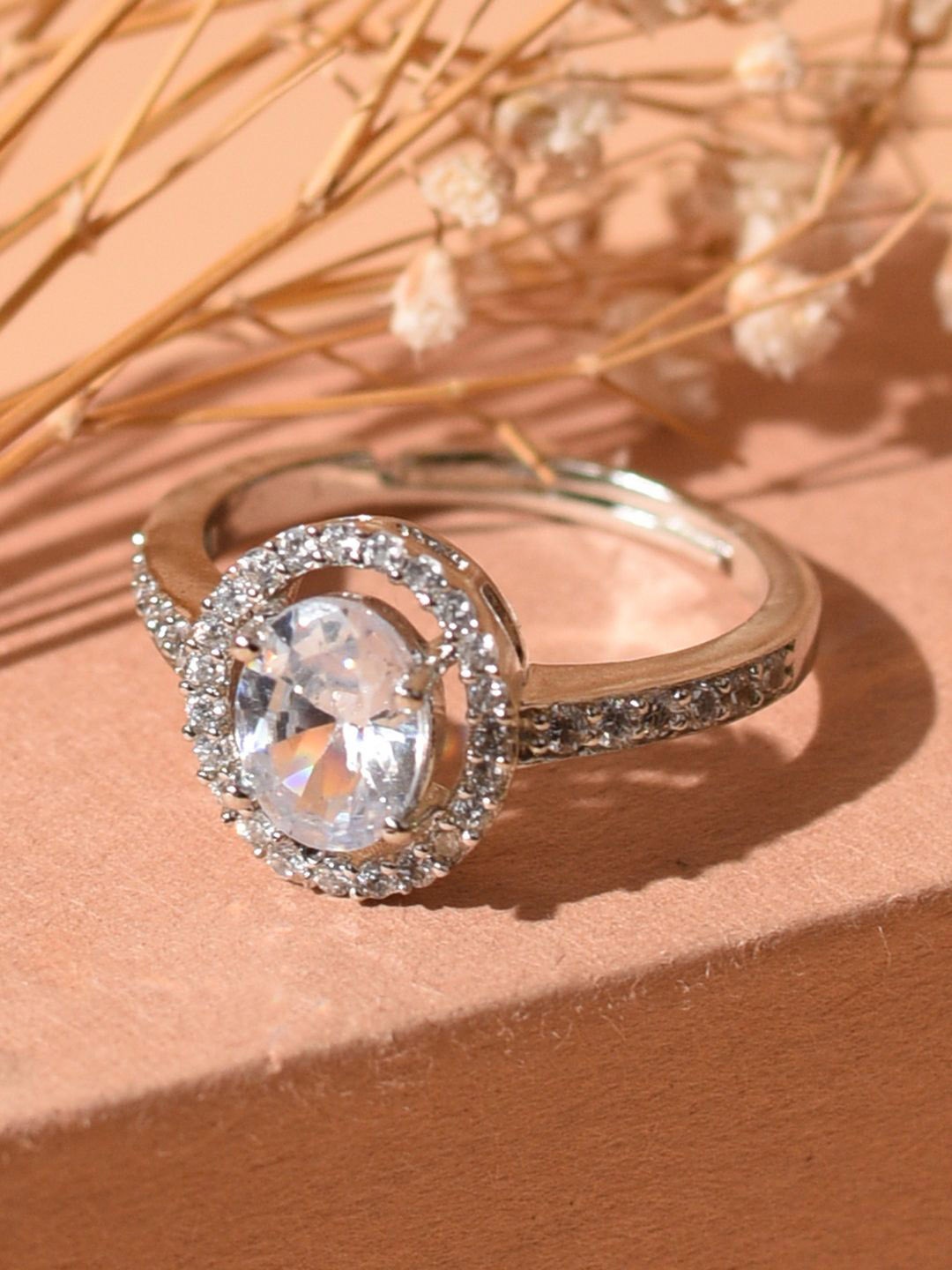 

XPNSV Silver-Plated CZ Stone-Studded Adjustable Finger Ring