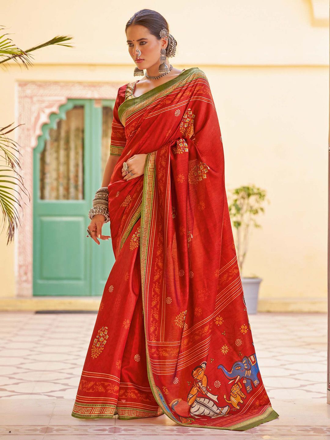 

Saree mall Silk Blend Tussar Sarees, Red