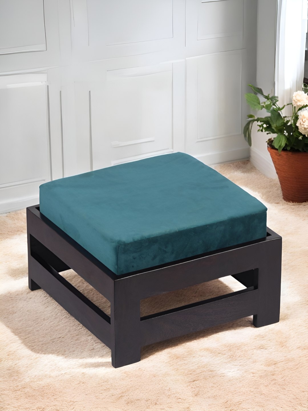 

Ikiriya Sheesham Wood Mahagony Finish Stool with Velvet Cushion, Turquoise blue