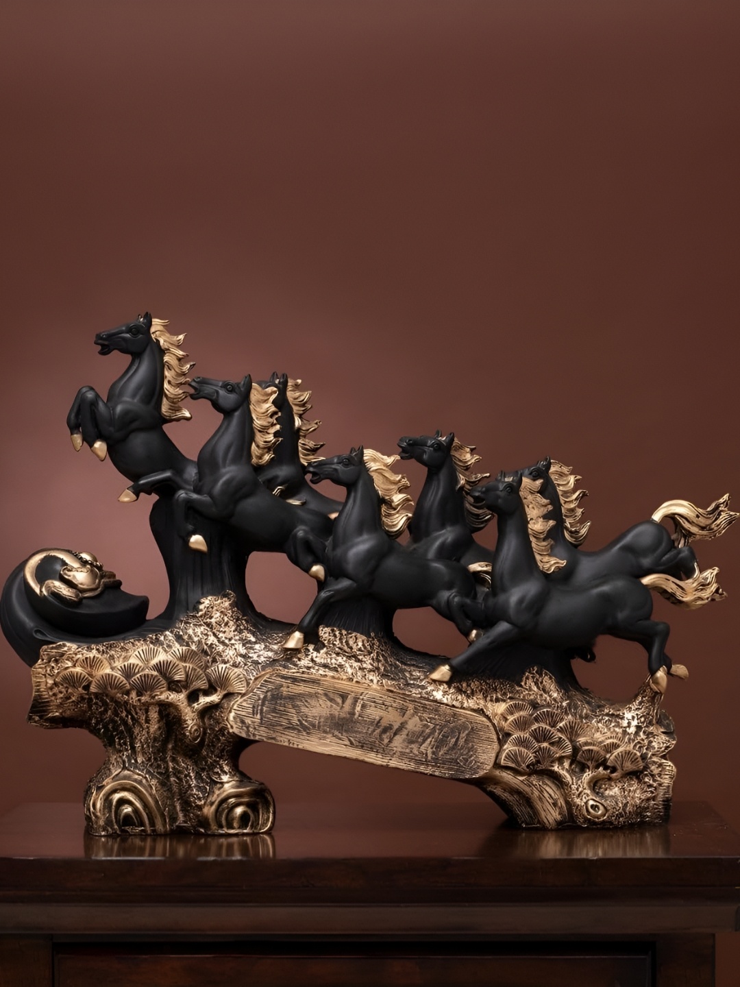 

NAYRA HANDICRAFTS Black Majestic Eight Running Victory Horses Figurine Showpiece