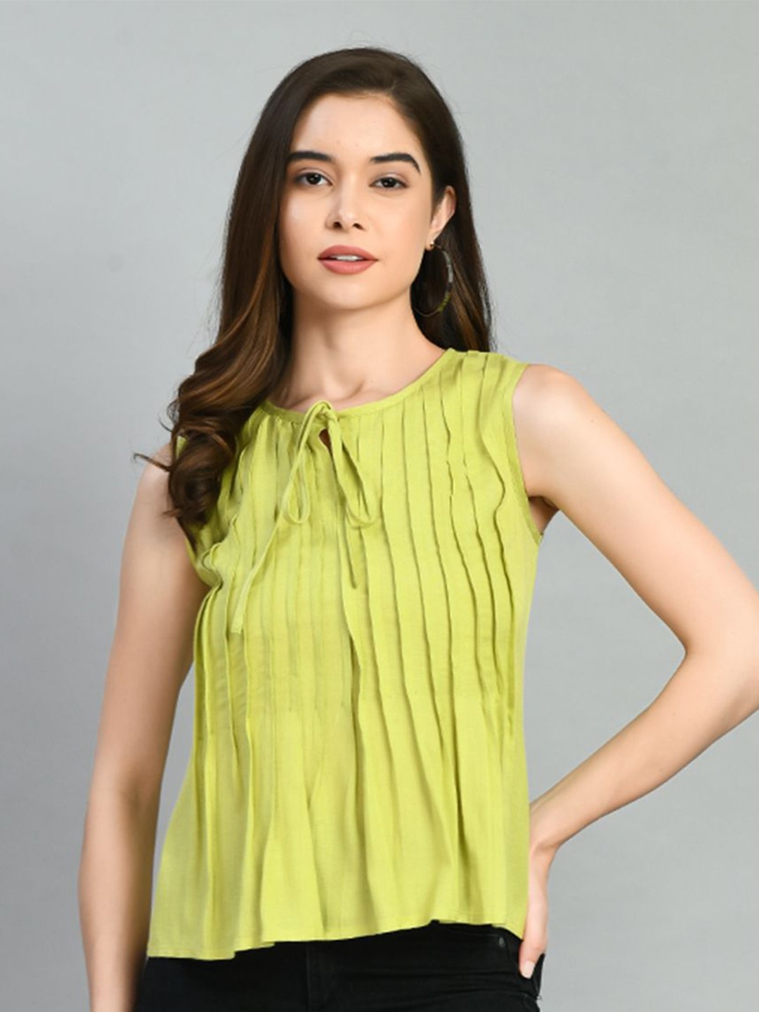 

all about you Women Vertical Stripes Round Neck Sleeveless Top, Lime green
