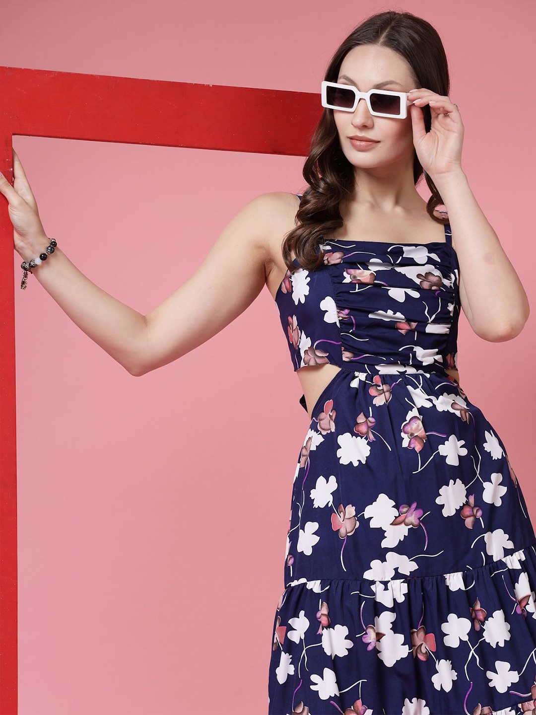 

BEING NAUGHTY Women Floral Printed Fit & Flare Midi Dress, Navy blue
