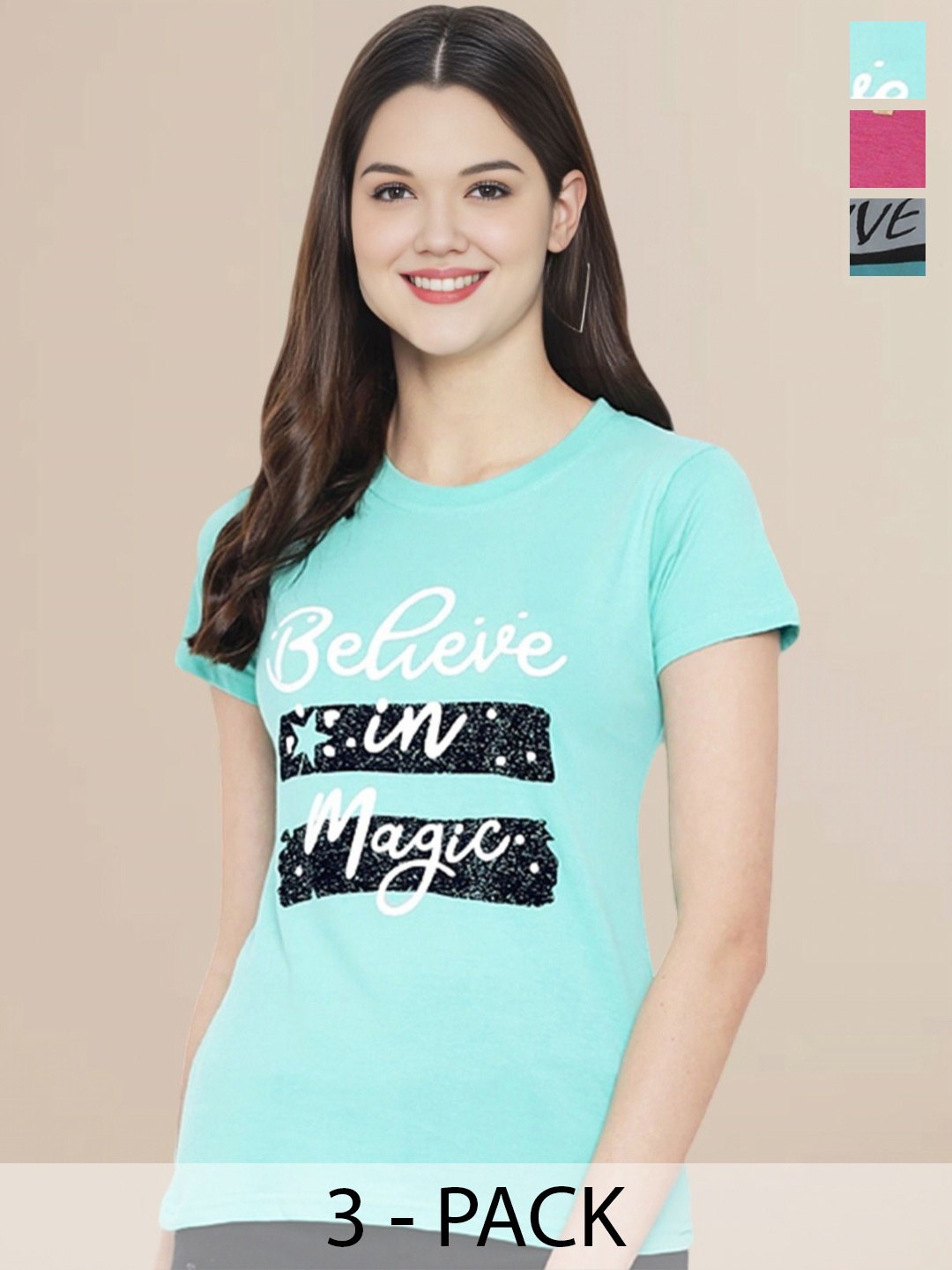 

Metronaut Women Pack Of 3 Typography Printed Round Neck Cotton T-shirts, Pink