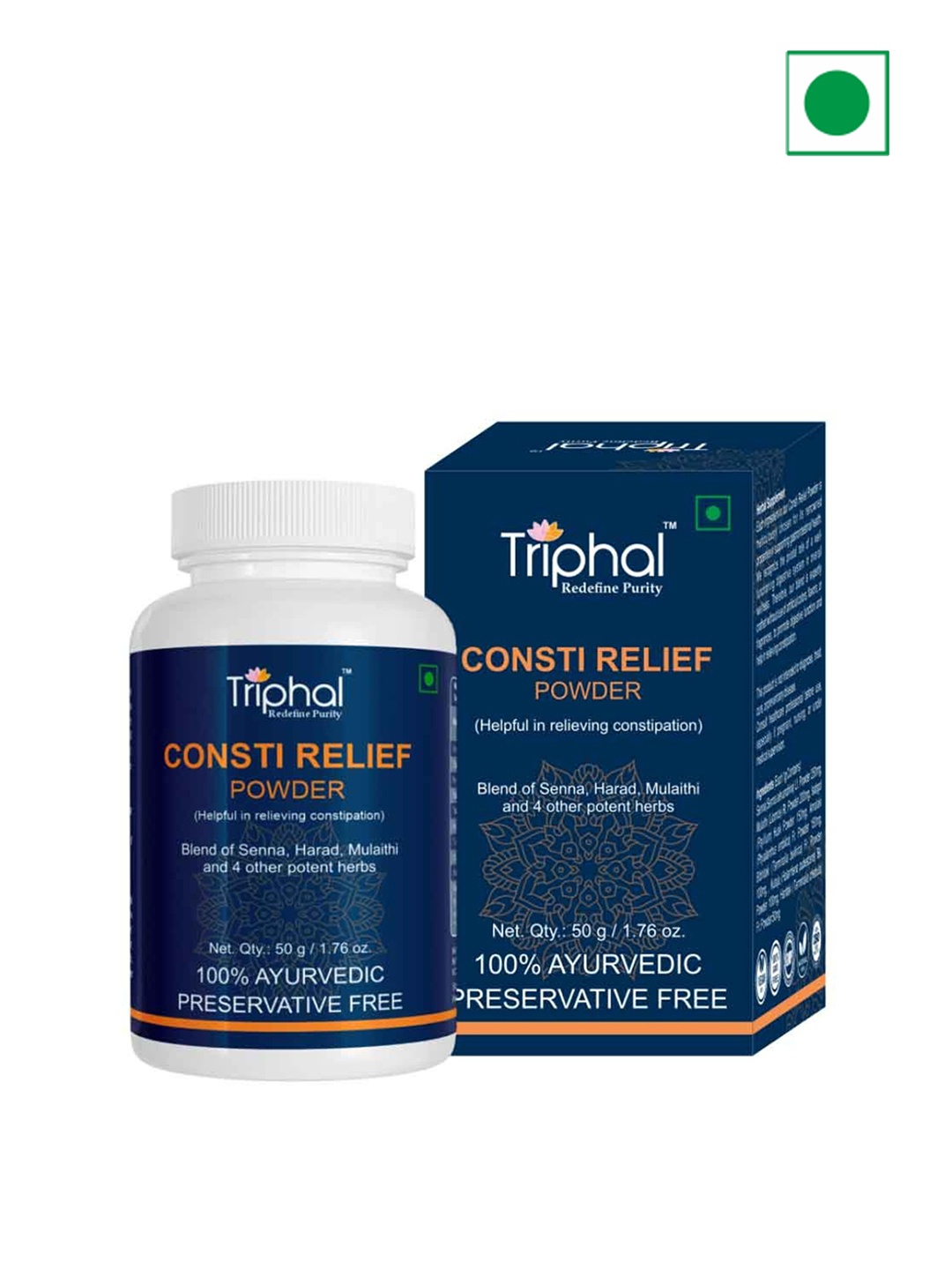 

Triphal Consti Releif Powder With Isabgol Husk & Mulaithi- 50 g, Blue