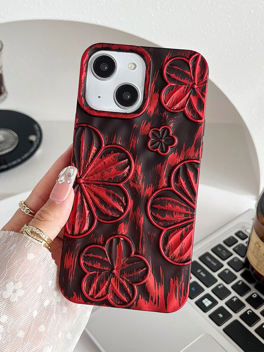 

Luxury Kase Floral Printed iPhone 15 Back Case Mobile Accessories, Red