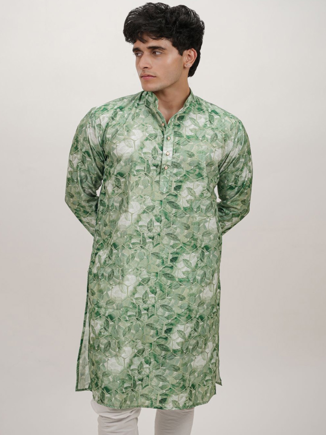 

DIOGO LOUIS Men Cotton Linen Floral Printed Long Kurta, Green