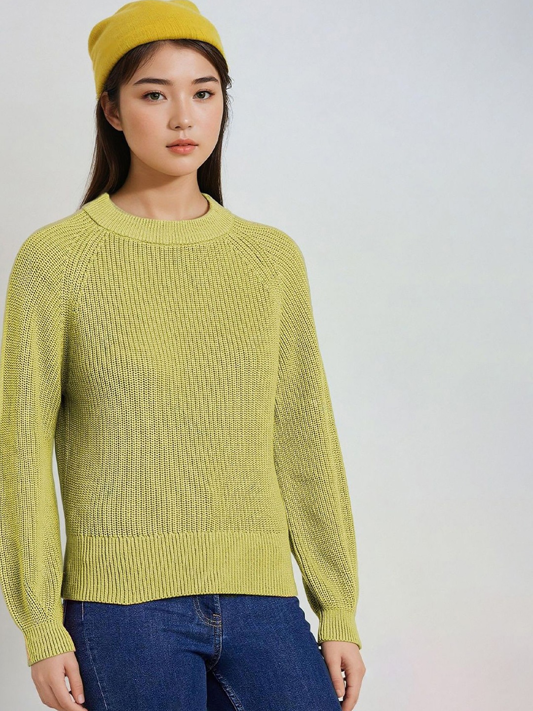 

Stylecast X Kotty Women Cable Knit Round Neck Pullover, Lime green
