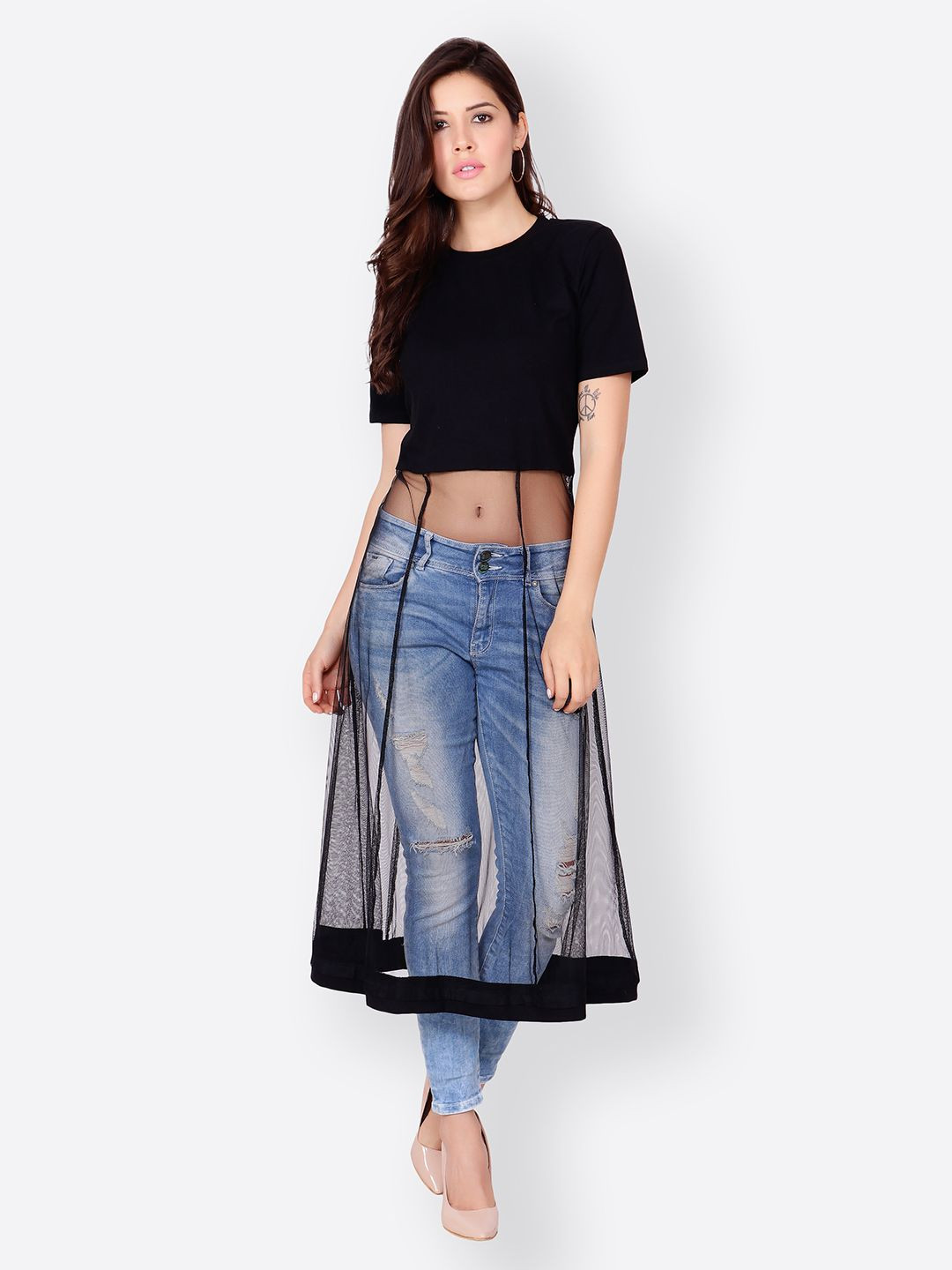 

BAESD Women Net Round Neck Longline Top, Black
