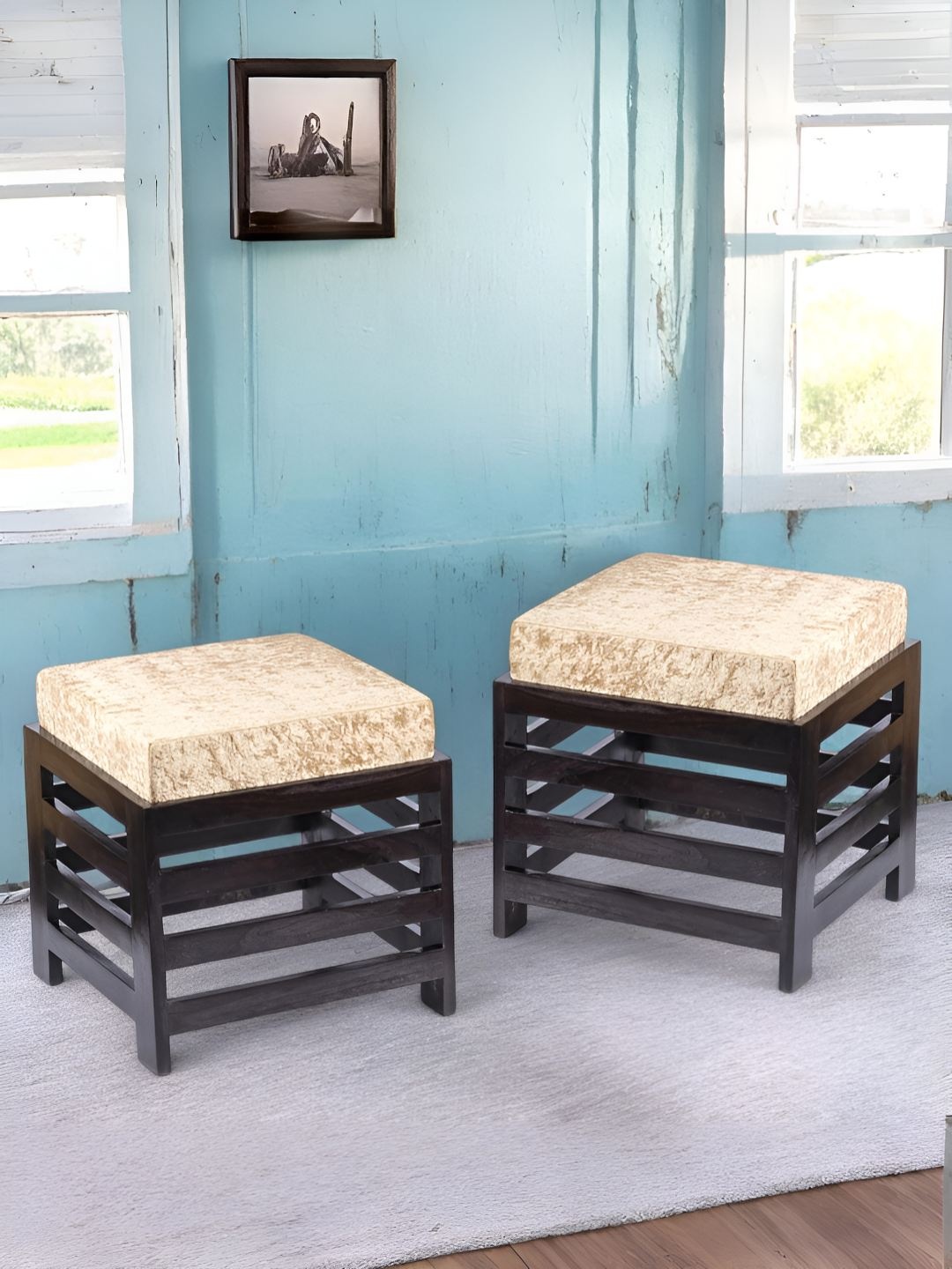 

Ikiriya Set of 2 Dark Mahagony Low-Heighted Sheesham Wood Stools, Beige