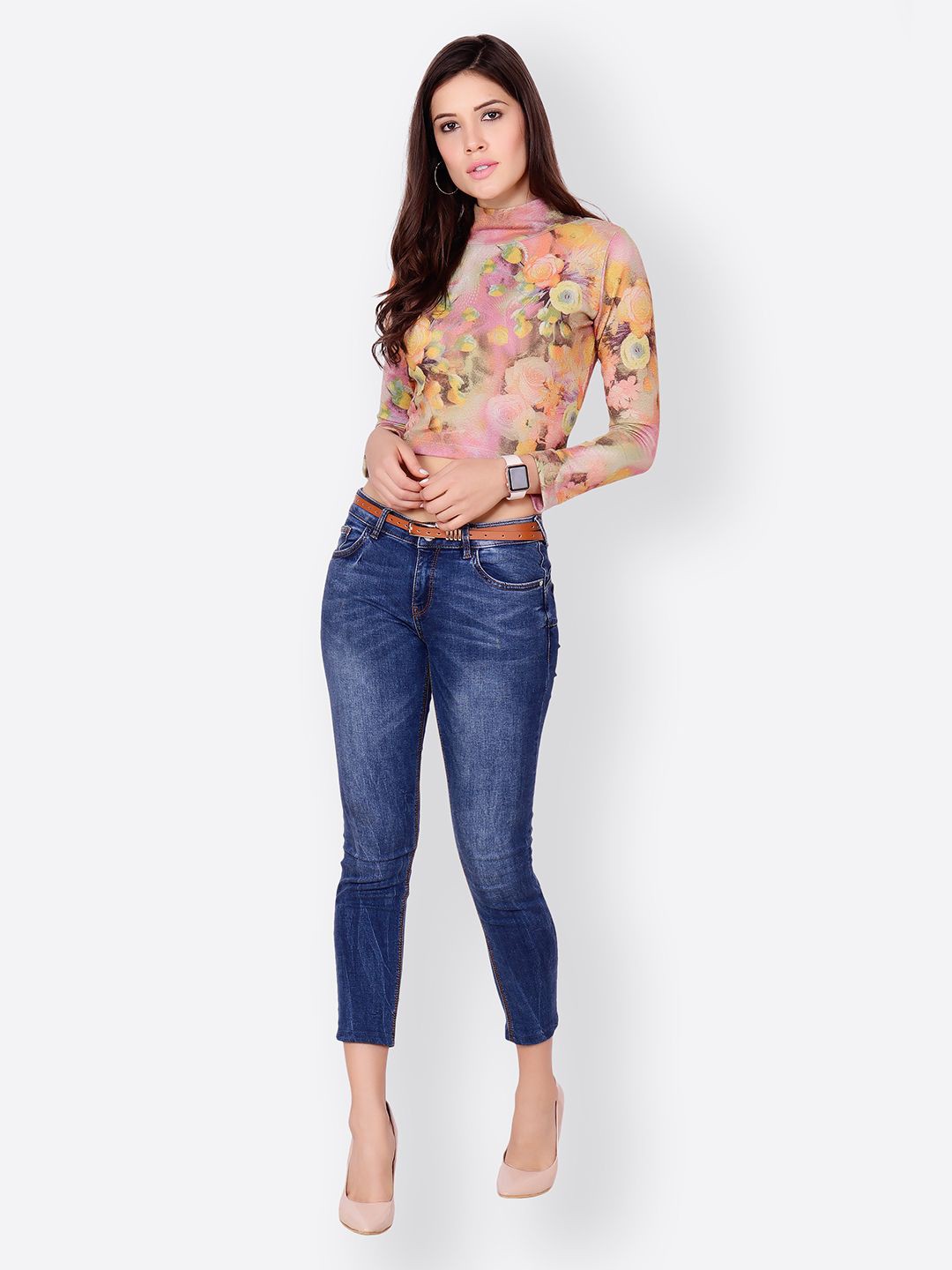 

BAESD Women Floral Print High Neck Top, Beige