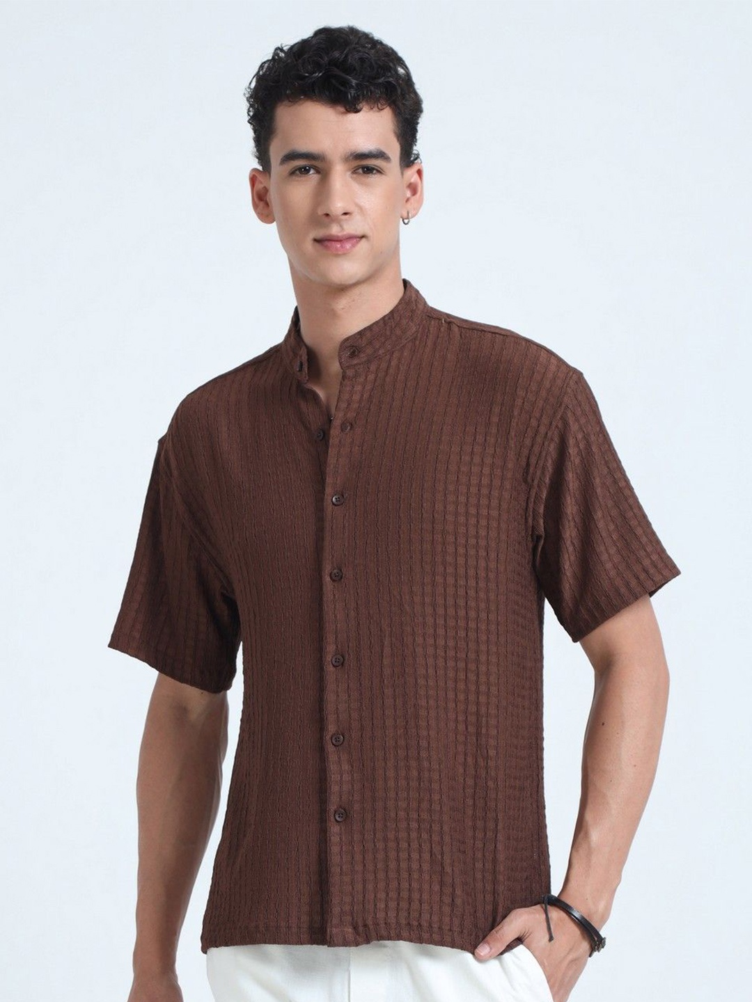 

NEVER NEUD Men Relaxed Floruit Popcorn Texture Casual Shirt, Brown