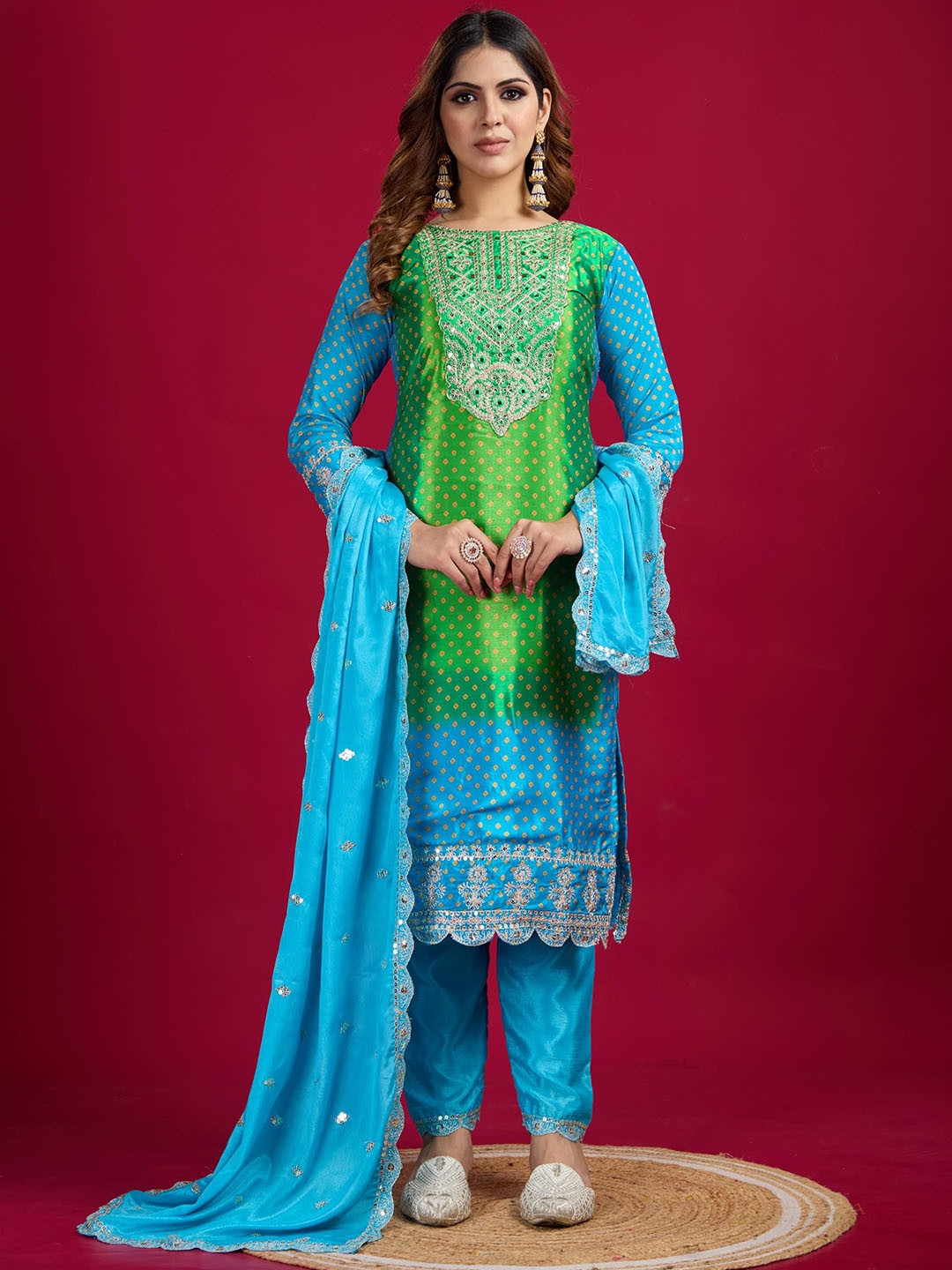 

KALINI Women Bandhani Embroidered Regular Sequinned Kurta with Pyjamas & With Dupatta, Blue