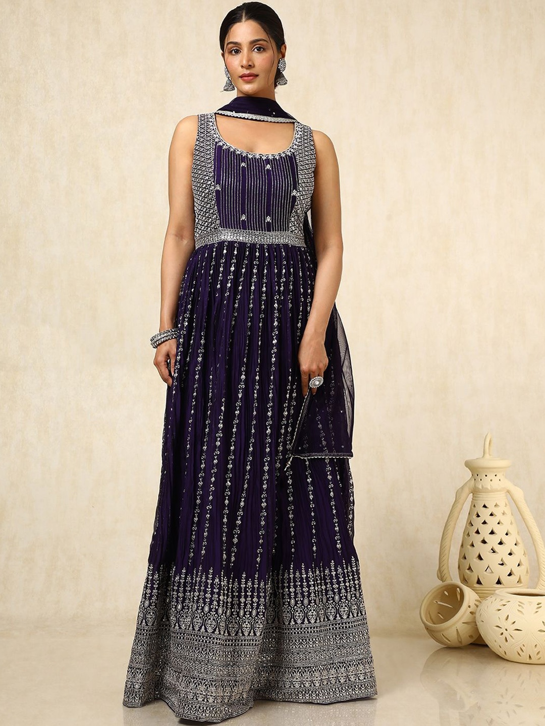 

Soch Women Ethnic Motifs Embroidered Pleated Sequinned Kurta With Dupatta, Purple