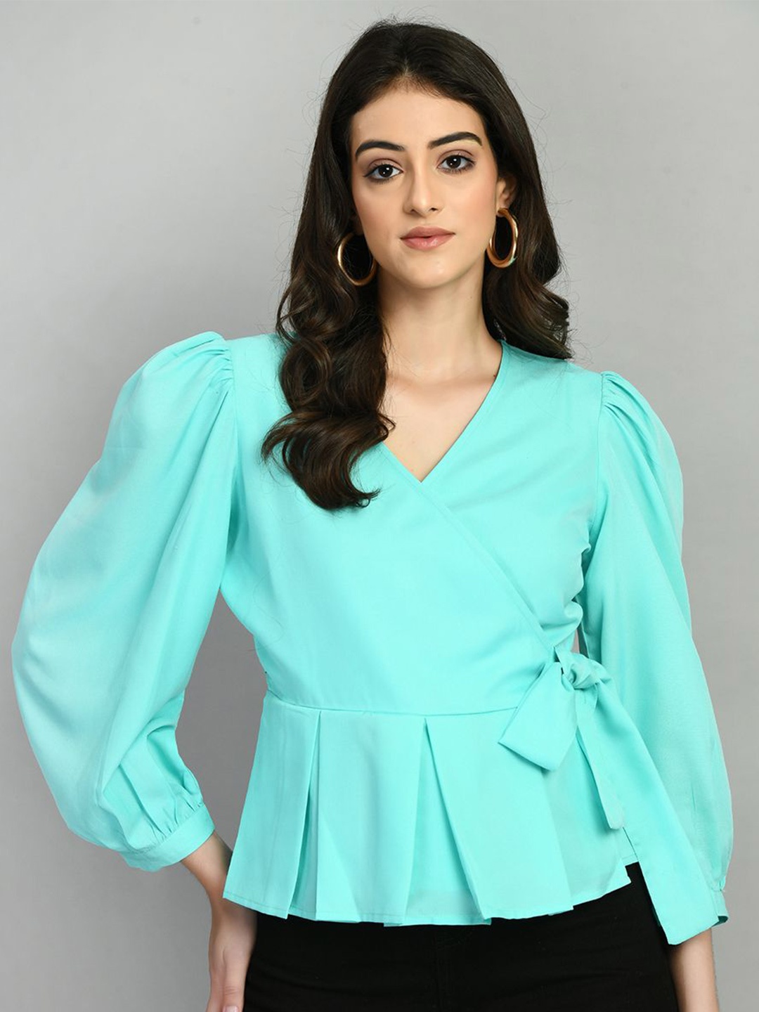 

all about you Women Cuffed Sleeve Wrap Top, Turquoise blue