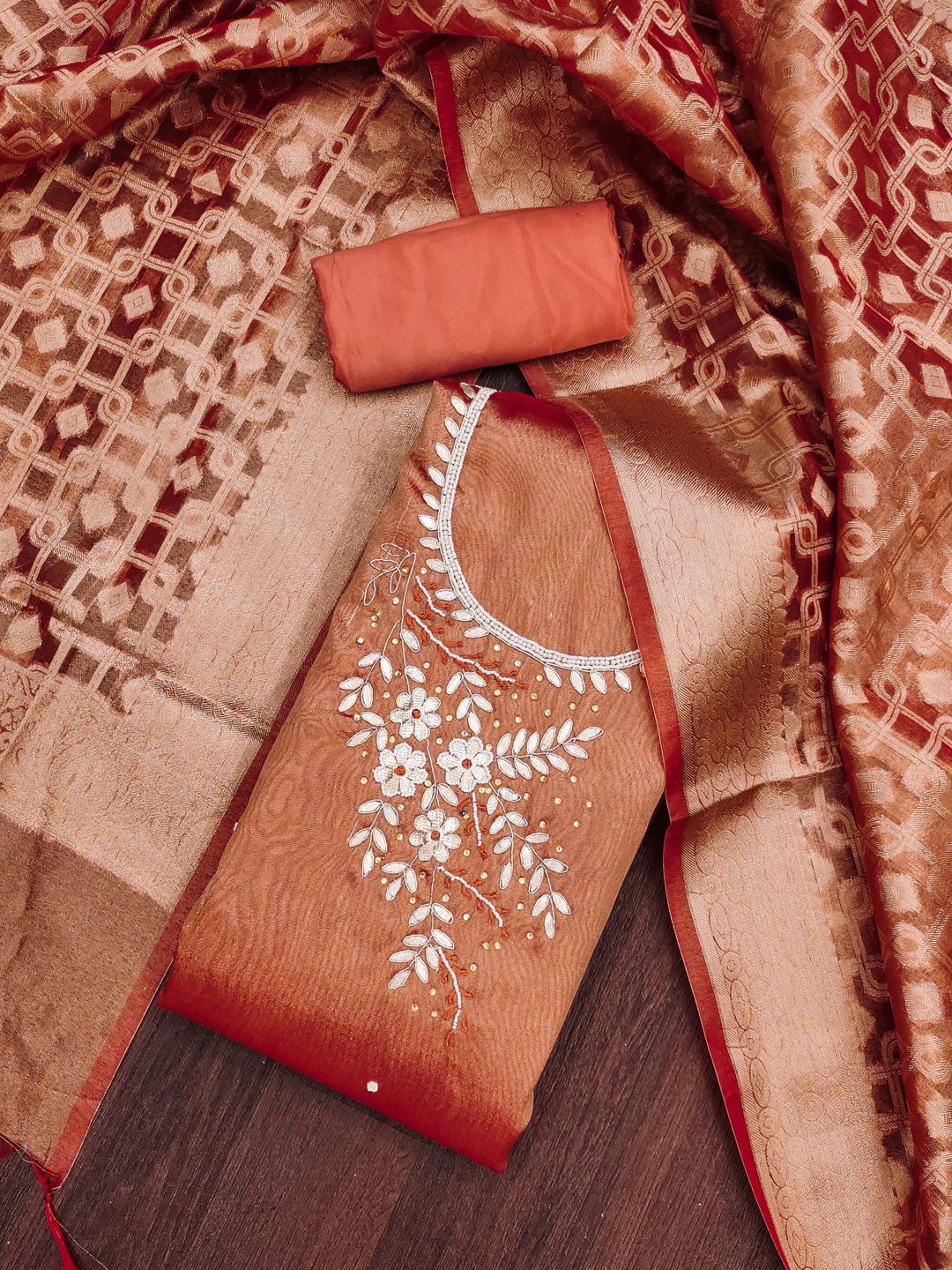 

KALINI Embellished Viscose Rayon Unstitched Dress Material, Rust
