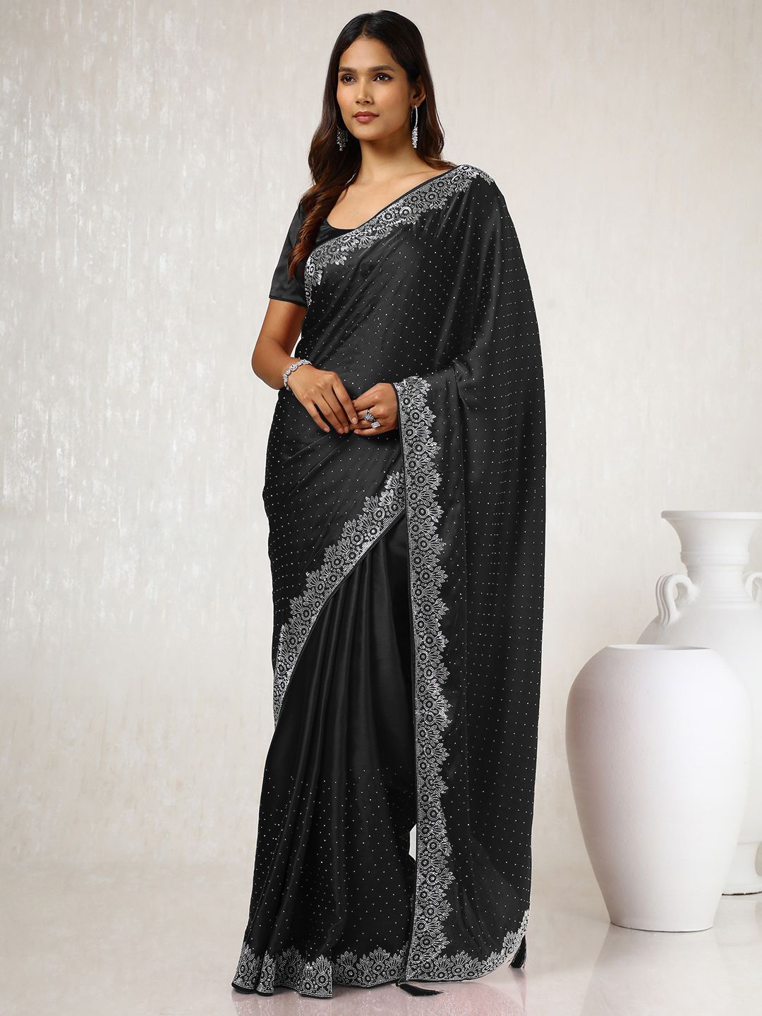 

Soch Satin Embellished Beads and Stones Saree, Black