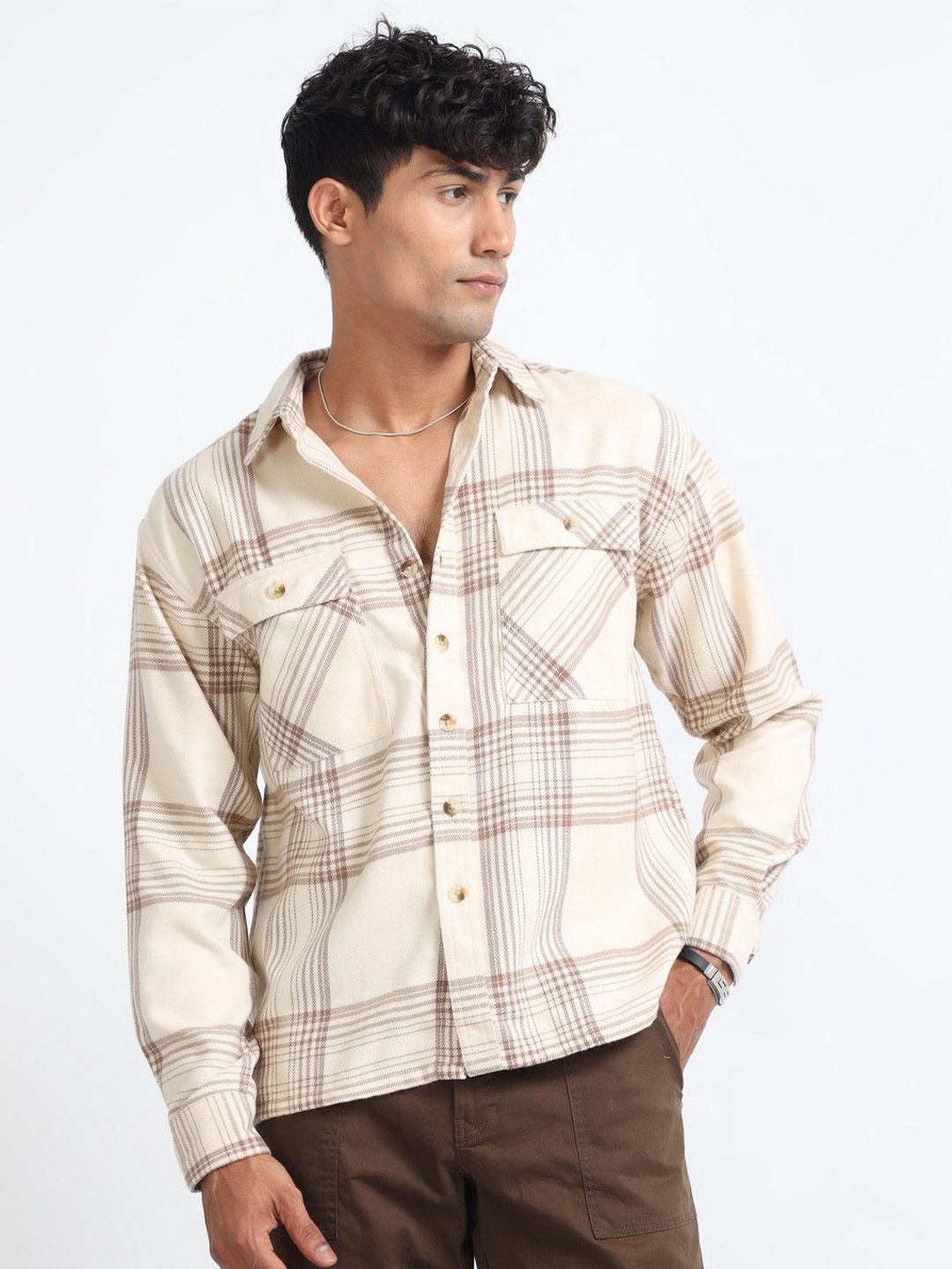 

NEVER NEUD Men Relaxed Cotton Checked Flannel Oversized Casual Shirt, Beige