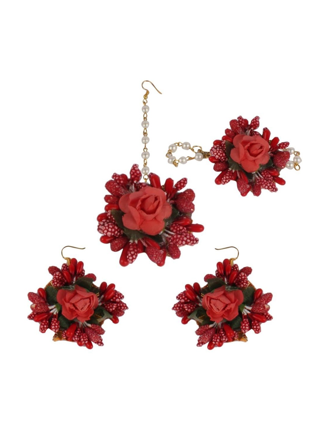 

Daizy Girls Flower Beaded Maang Tikka Necklace Earrings Jewellery Set, Red