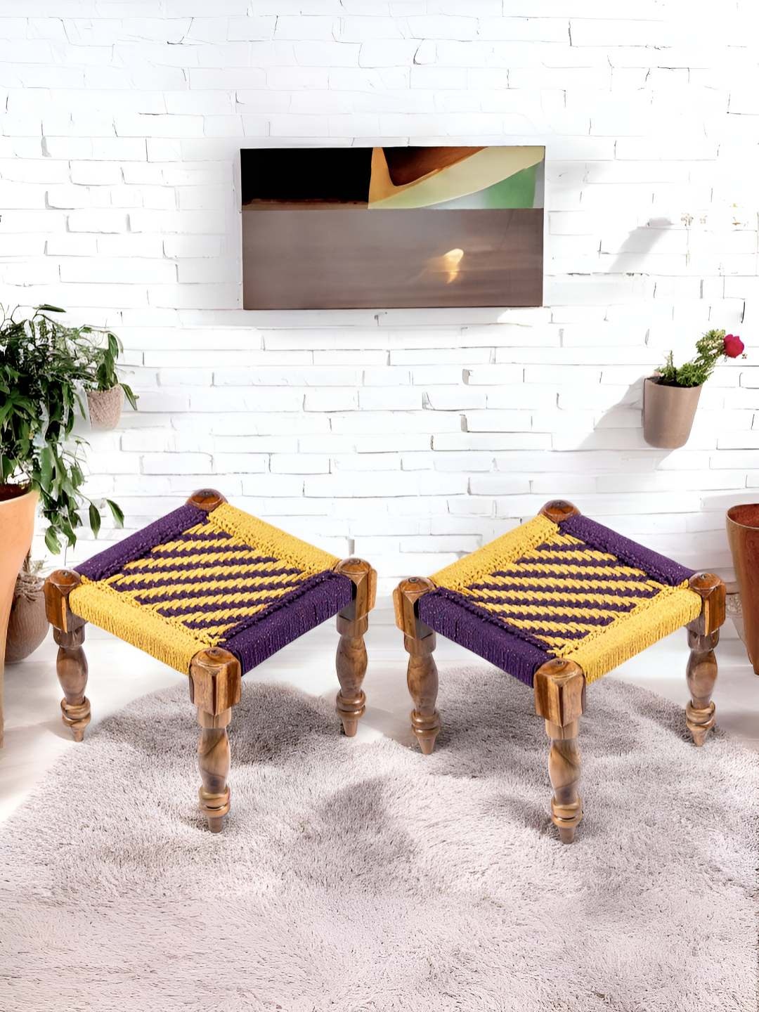

Ikiriya 2-Pcs Yellow & Purple Square Wooden Stool with Rope Canning