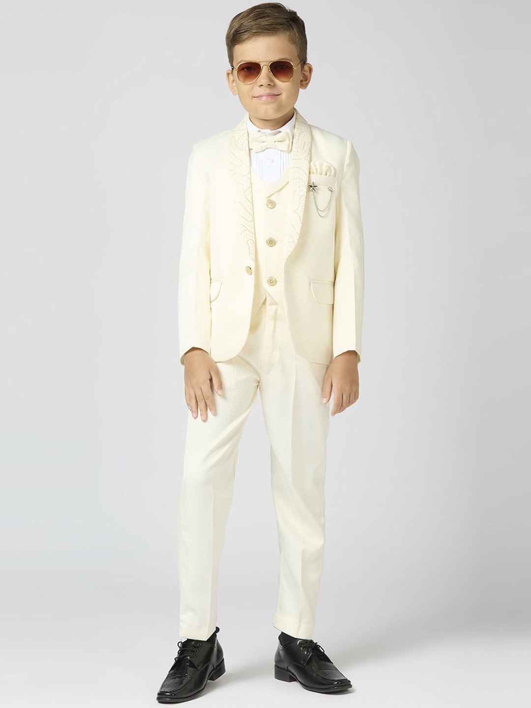 

YK Boys 5-Pcs Sequin Collar Single Breasted Suit, Cream