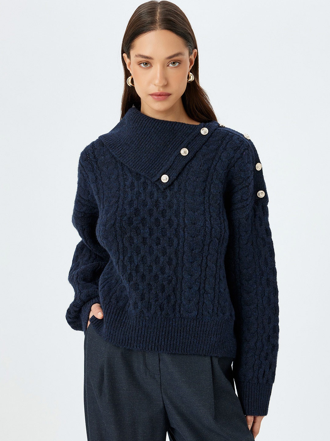 

Koton Women Cable Knit Henley Neck Pullover Sweater, Navy blue